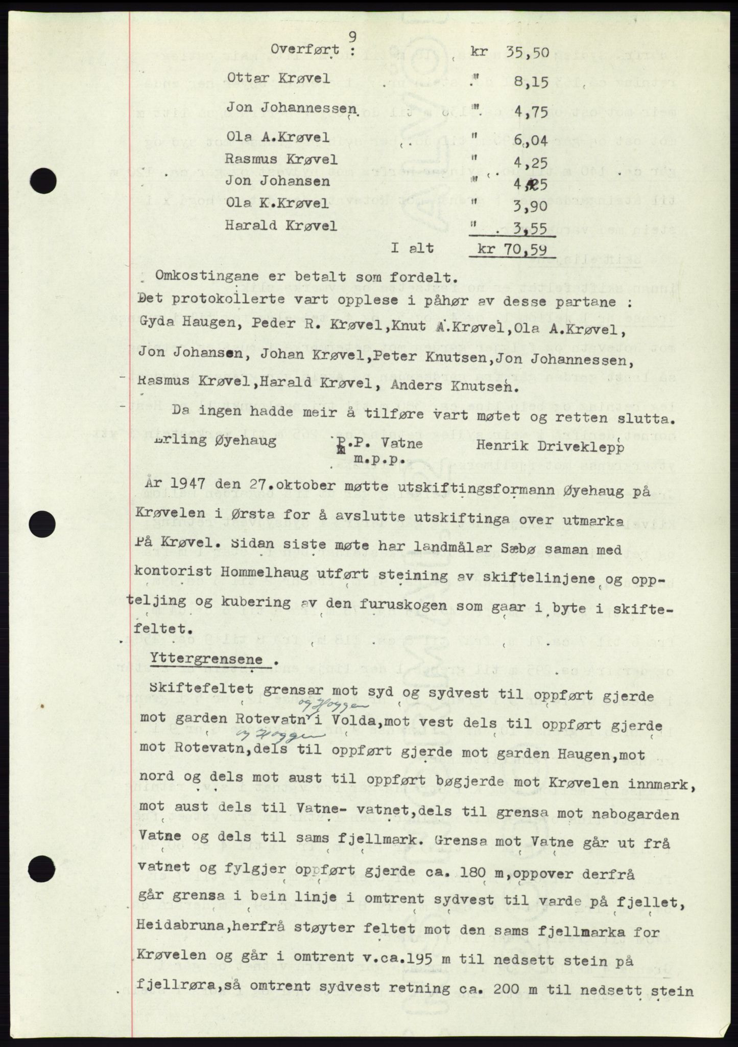 Søre Sunnmøre sorenskriveri, AV/SAT-A-4122/1/2/2C/L0081: Mortgage book no. 7A, 1947-1948, Diary no: : 1876/1947