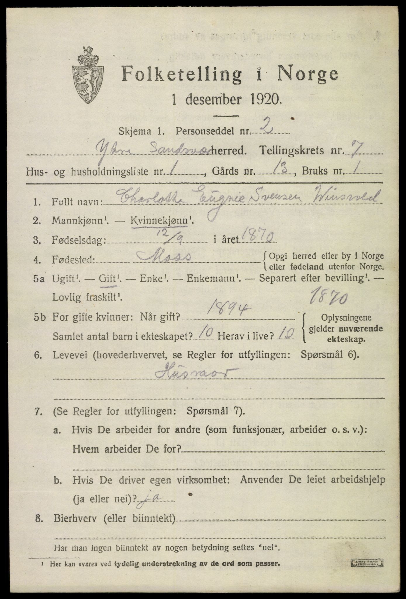 SAKO, 1920 census for Ytre Sandsvær, 1920, p. 5698