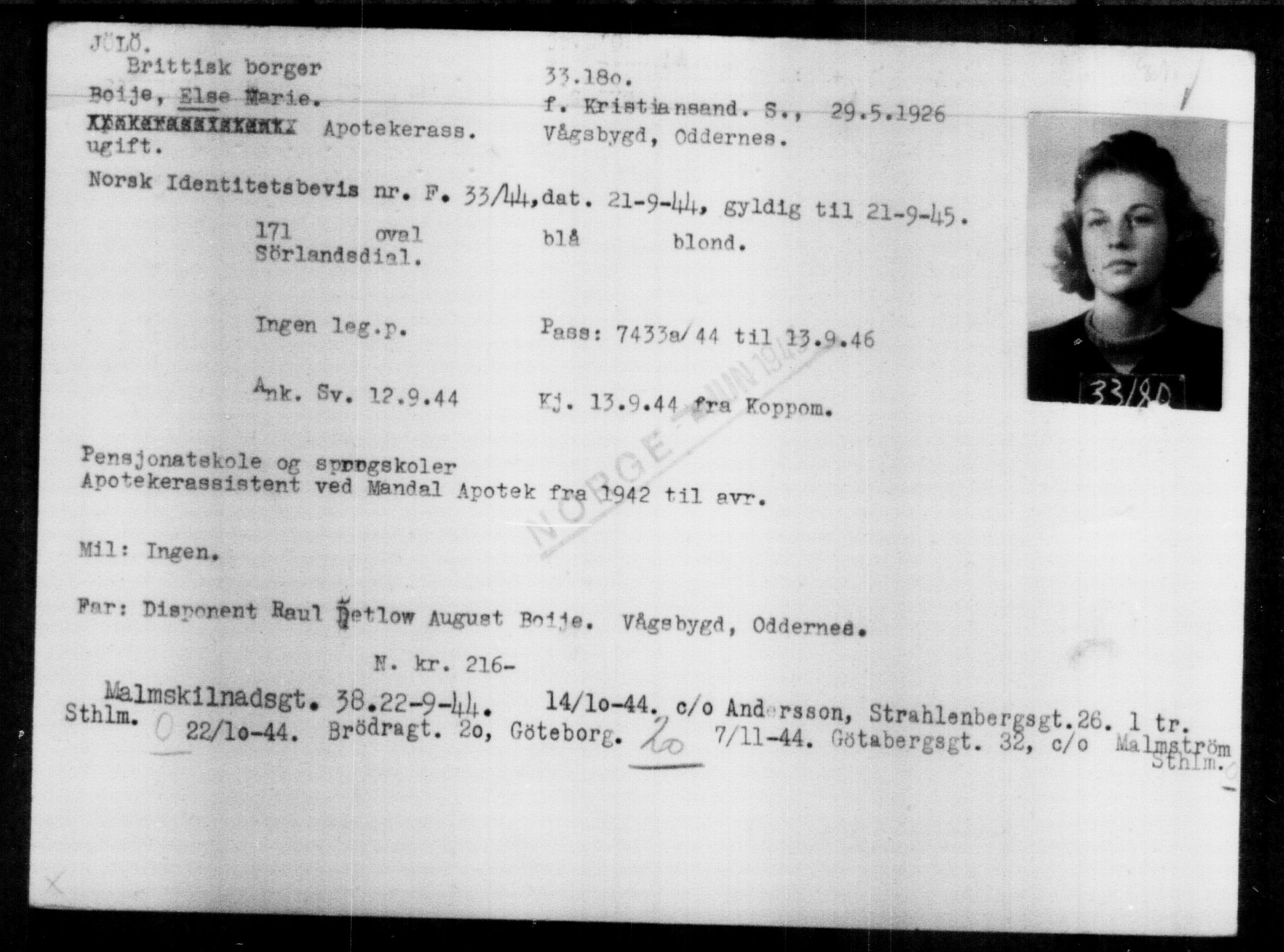 Utenriksstasjonene, Legasjonen i Stockholm, Flyktningkontoret, AV/RA-S-6753/V/Va/L0013: Kjesäterkartoteket, flyktninger med registreringsnr. 31500-34731, 1940-1945, p. 1765