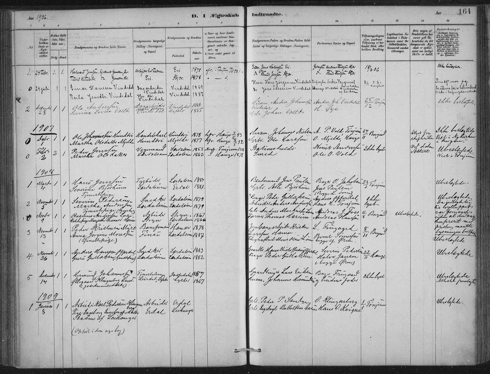 Lærdal sokneprestembete, SAB/A-81201: Parish register (official) no. D  1, 1878-1908, p. 164