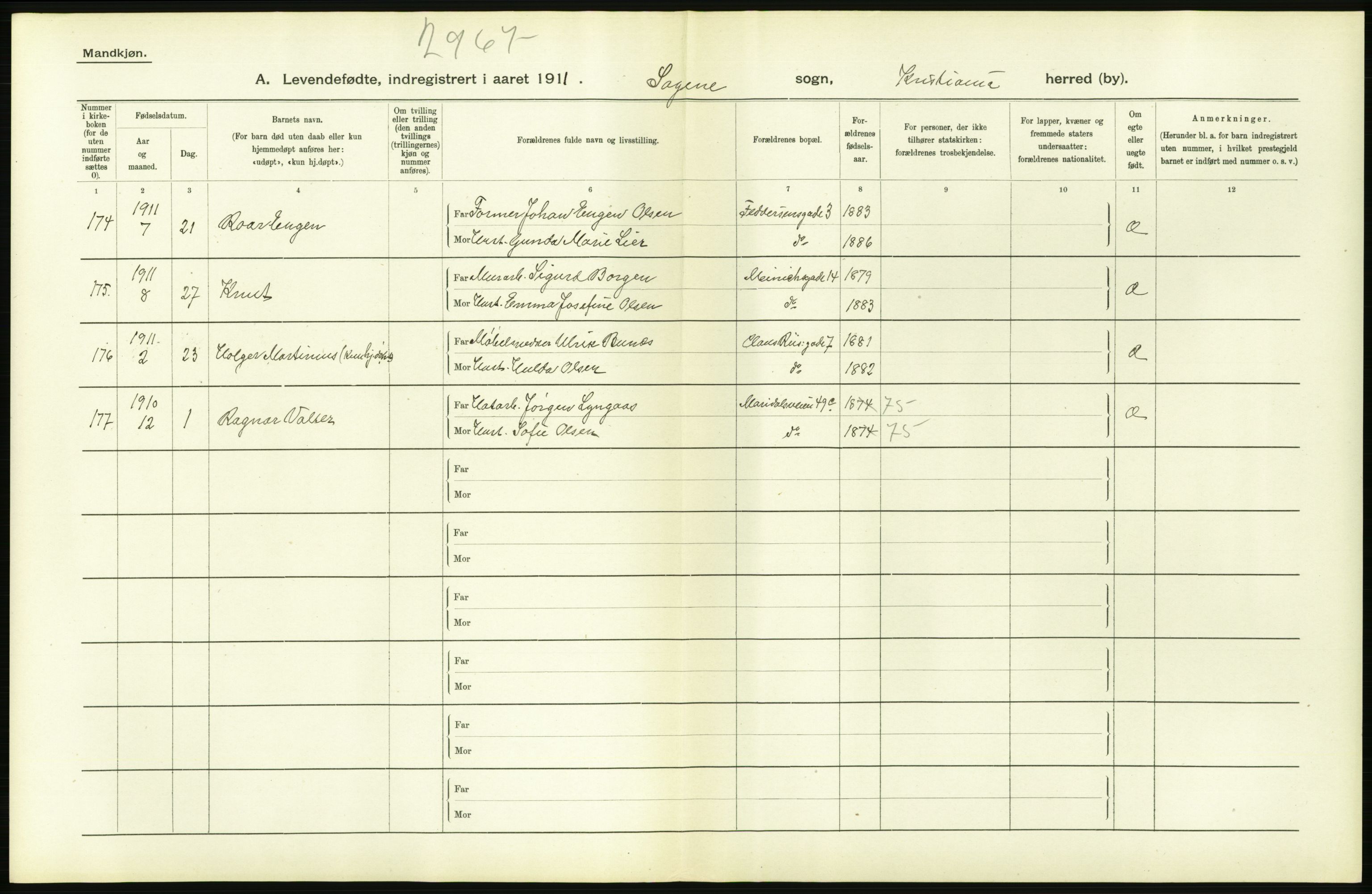 Statistisk sentralbyrå, Sosiodemografiske emner, Befolkning, AV/RA-S-2228/D/Df/Dfb/Dfba/L0006: Kristiania: Levendefødte menn., 1911, p. 224