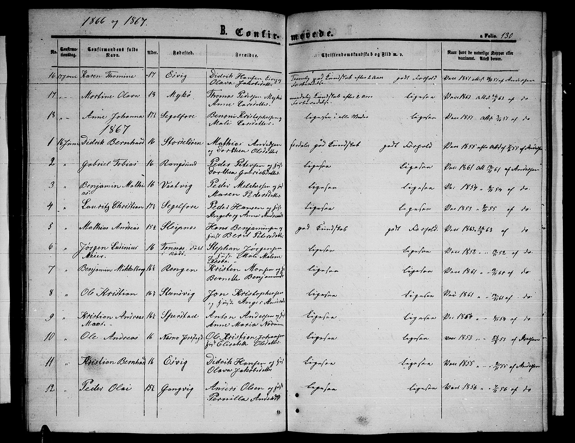 Ministerialprotokoller, klokkerbøker og fødselsregistre - Nordland, SAT/A-1459/841/L0619: Parish register (copy) no. 841C03, 1856-1876, p. 130