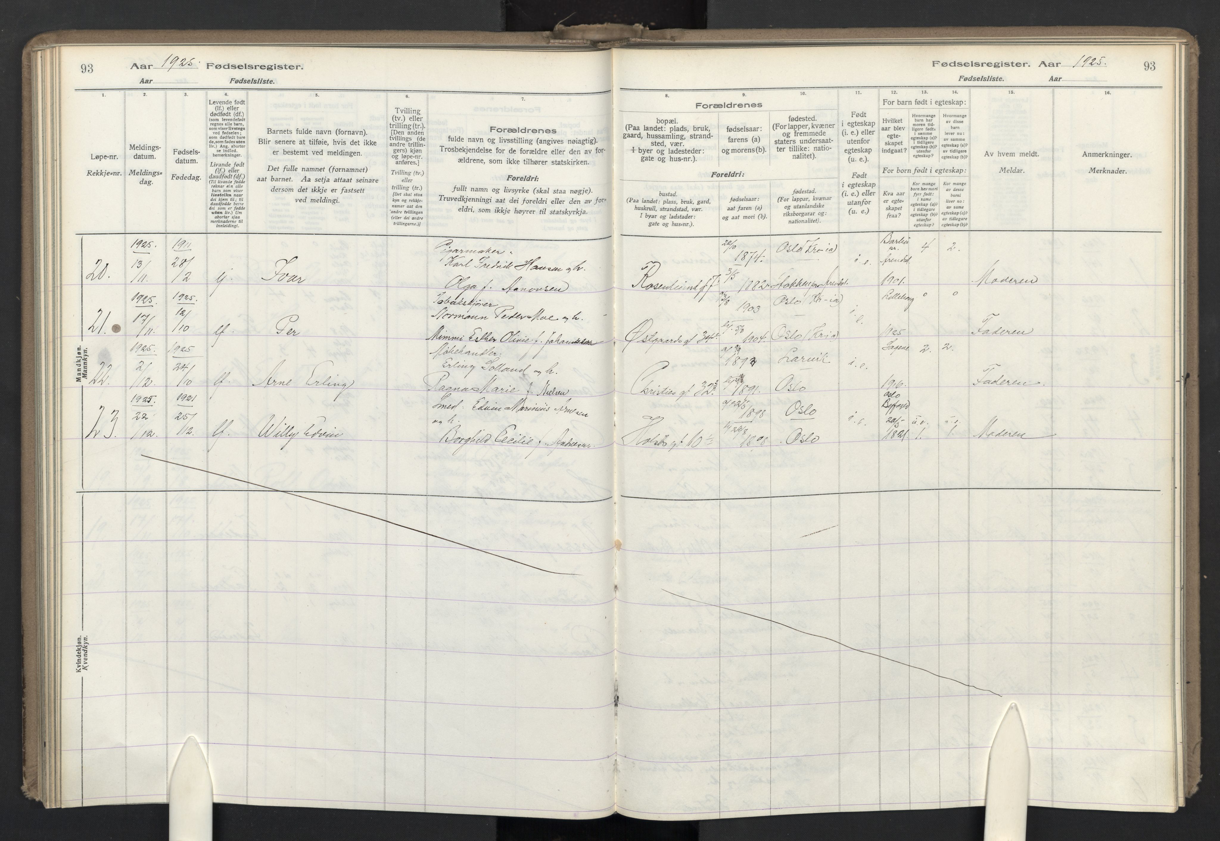 Lilleborg prestekontor Kirkebøker, AV/SAO-A-10343a/J/L0001: Birth register no. 1, 1917-1944, p. 93