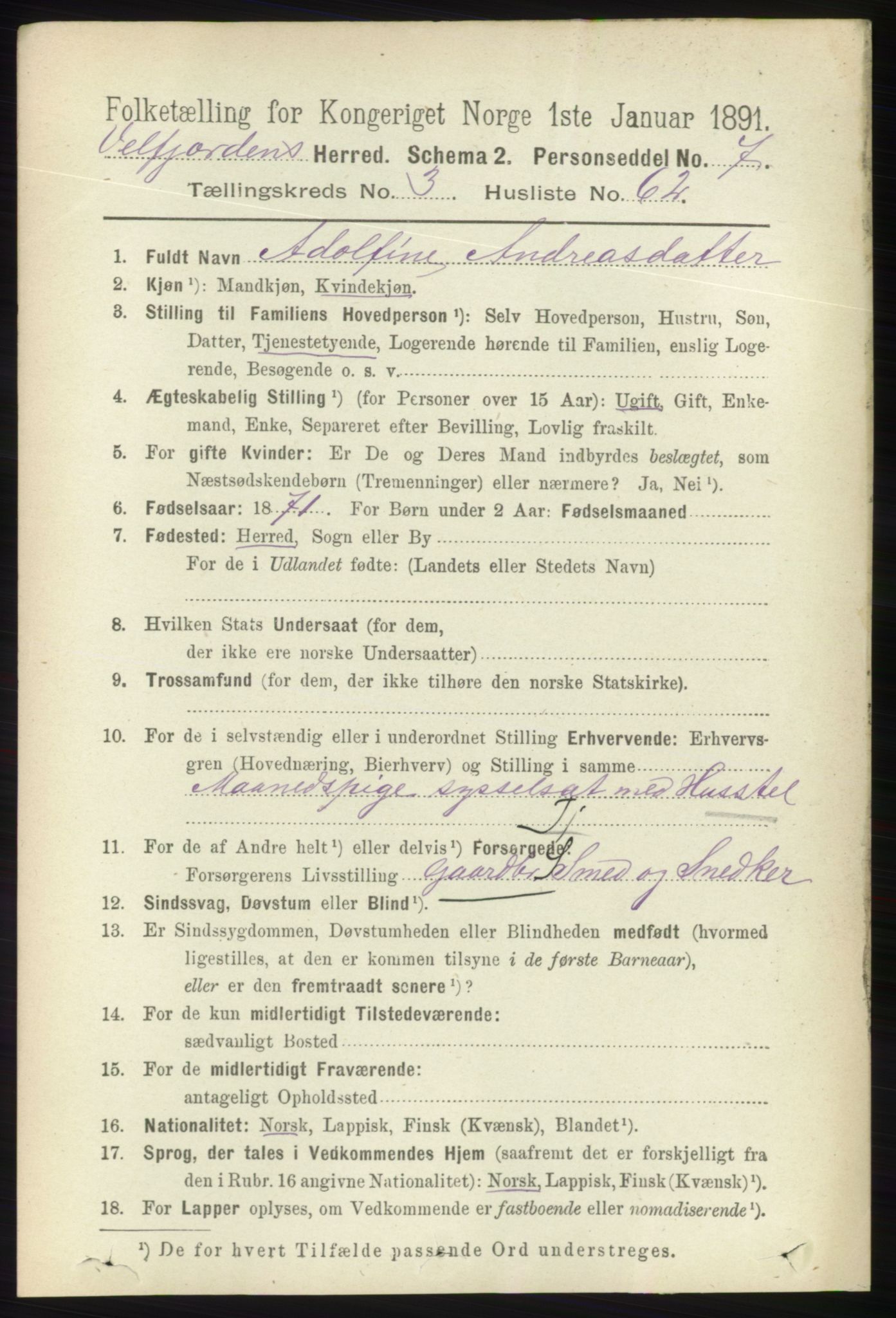 RA, 1891 census for 1813 Velfjord, 1891, p. 1450