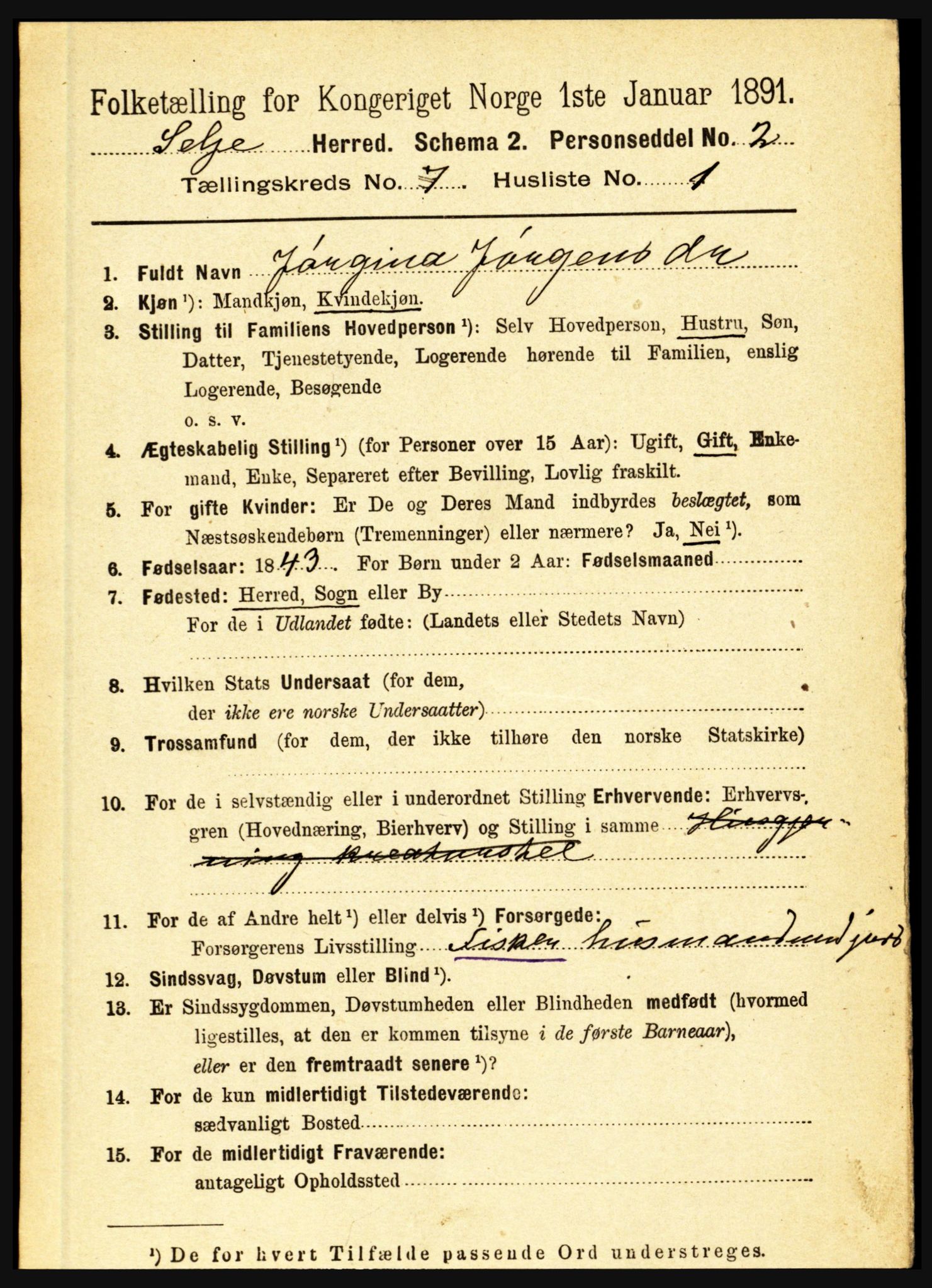 RA, 1891 census for 1441 Selje, 1891, p. 2005