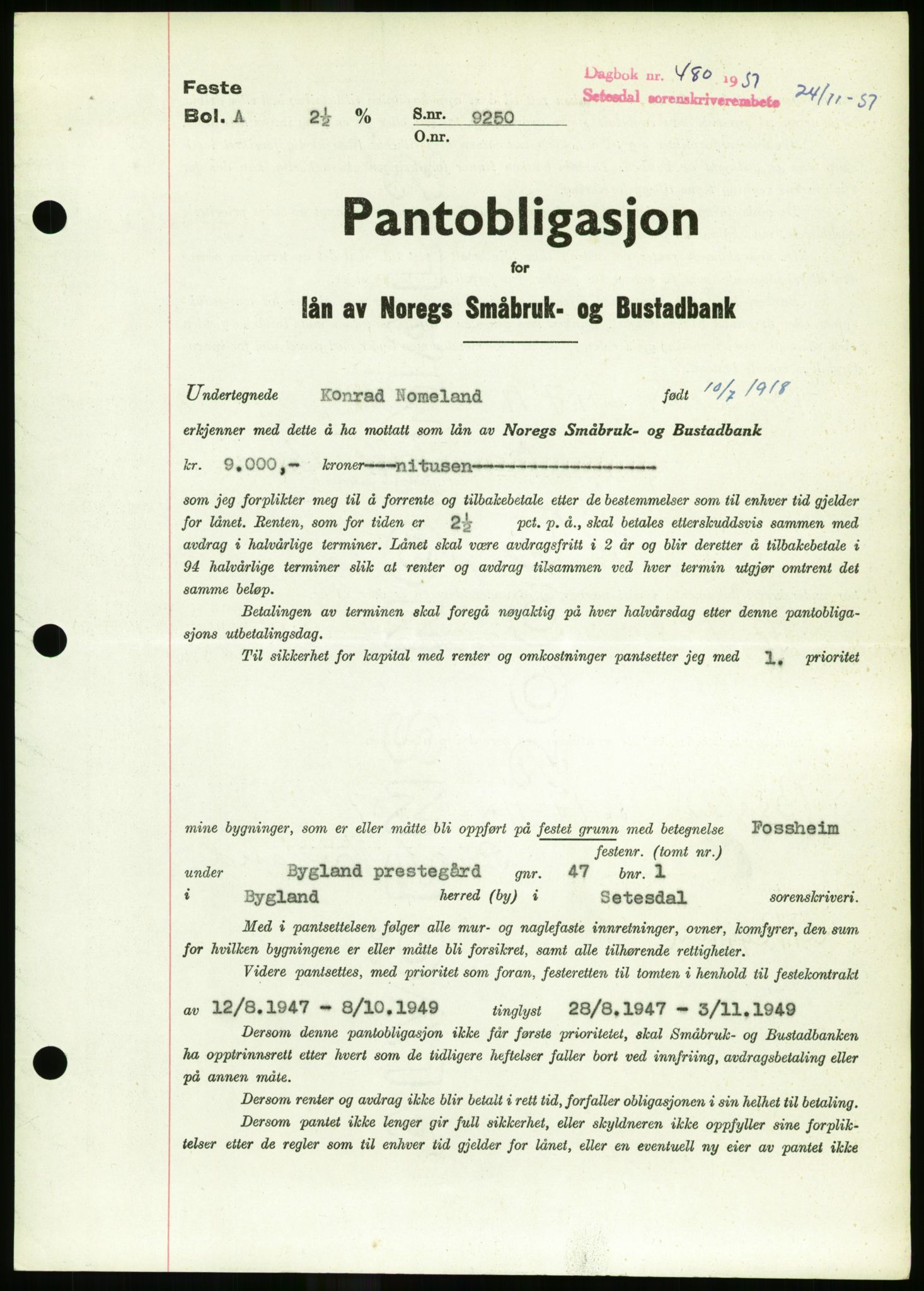 Setesdal sorenskriveri, SAK/1221-0011/G/Gb/L0050: Mortgage book no. B 38, 1949-1952, Diary no: : 480/1951