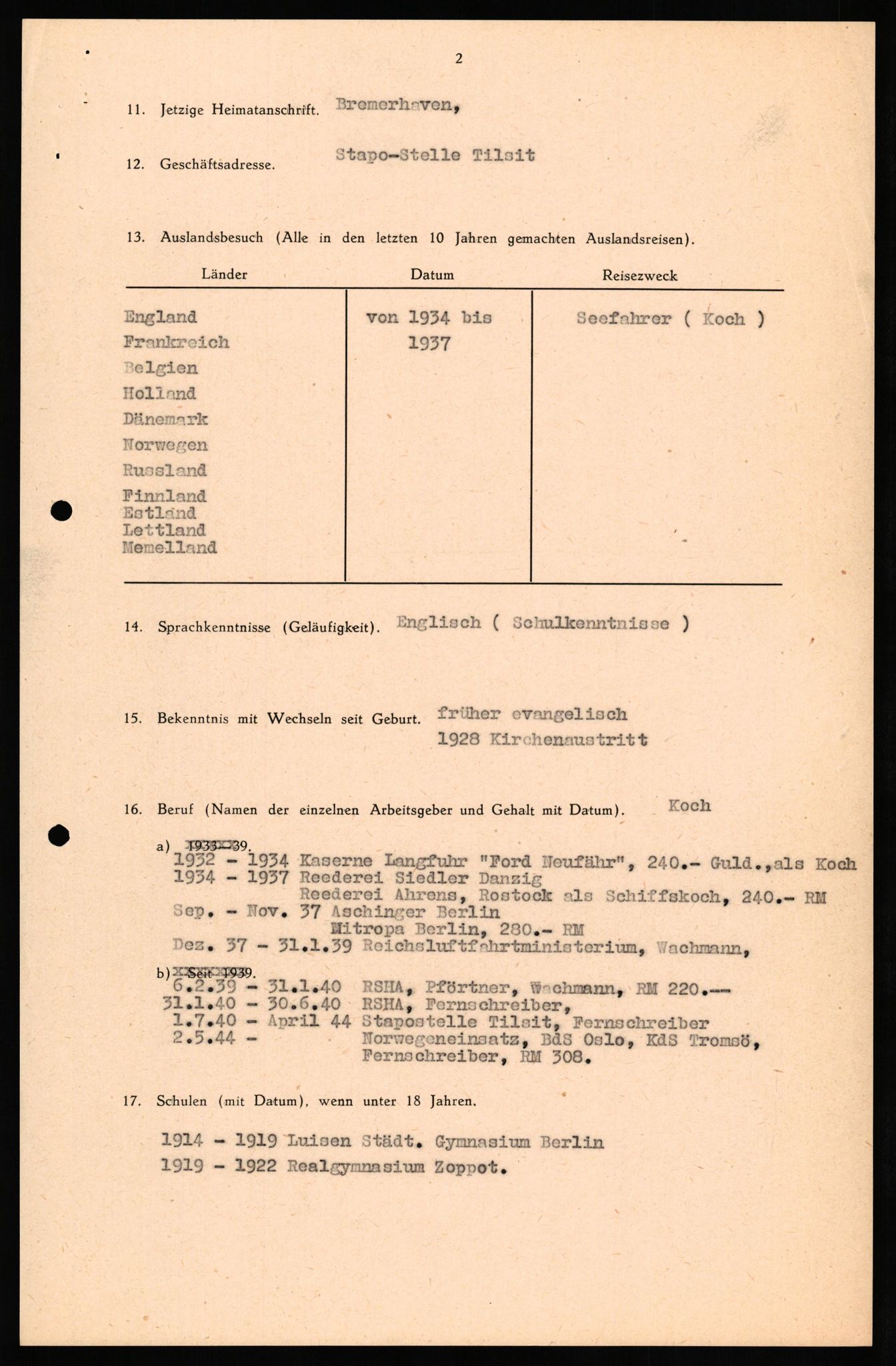 Forsvaret, Forsvarets overkommando II, RA/RAFA-3915/D/Db/L0035: CI Questionaires. Tyske okkupasjonsstyrker i Norge. Tyskere., 1945-1946, p. 361