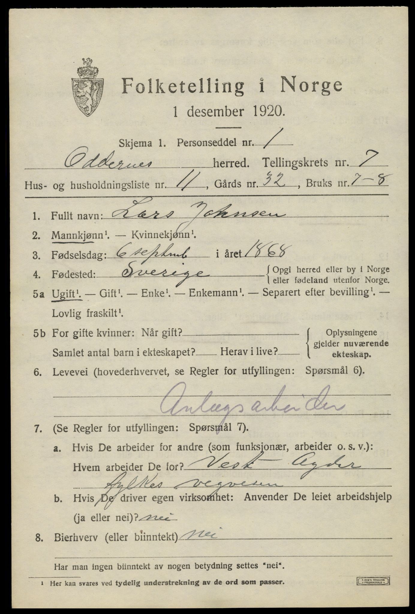 SAK, 1920 census for Oddernes, 1920, p. 5441