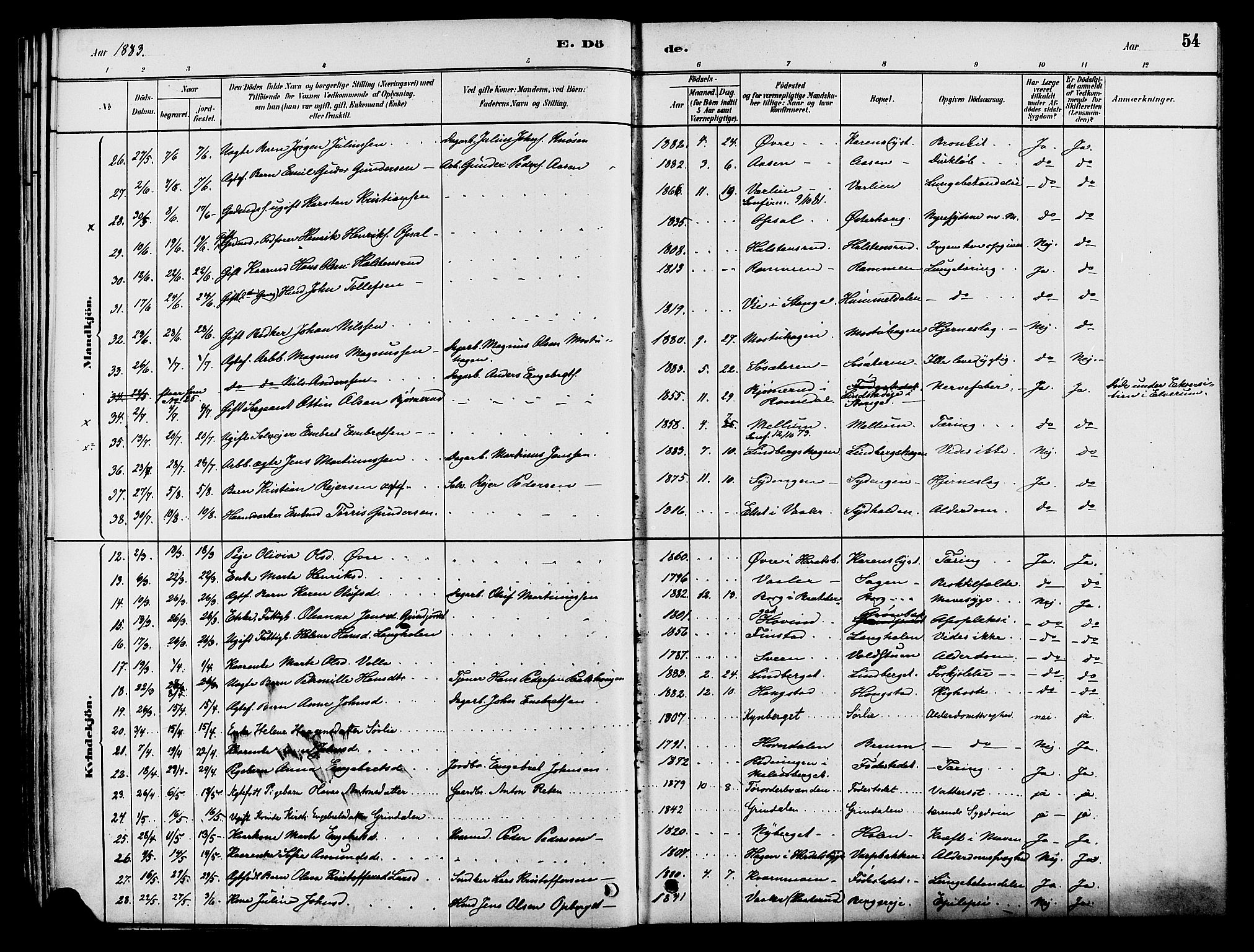 Elverum prestekontor, AV/SAH-PREST-044/H/Ha/Haa/L0012: Parish register (official) no. 12, 1880-1893, p. 54