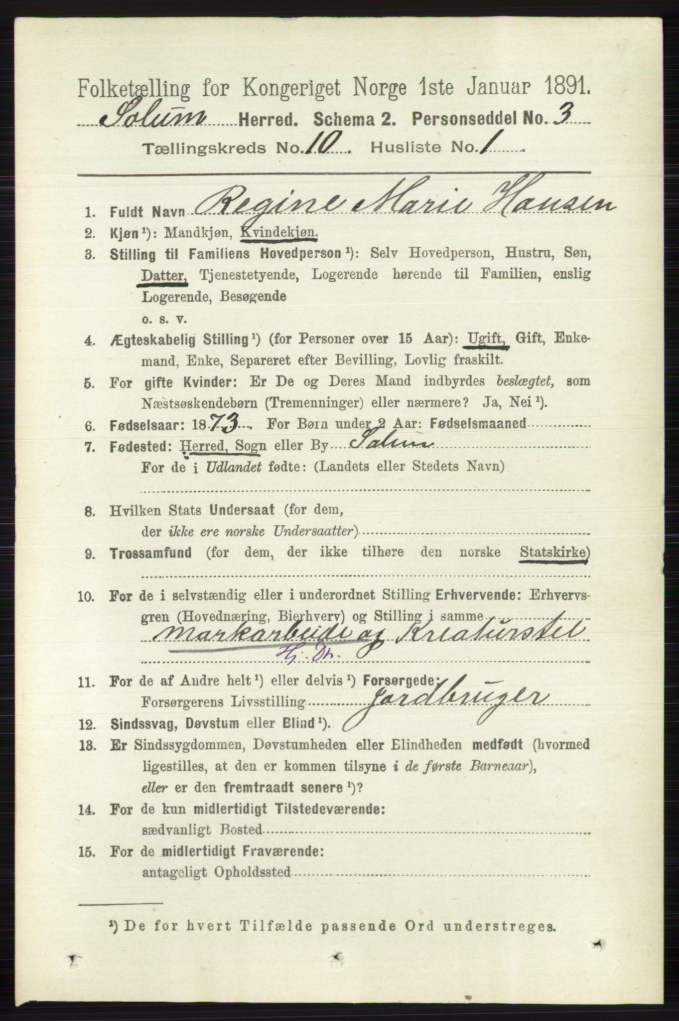 RA, 1891 census for 0818 Solum, 1891, p. 4692