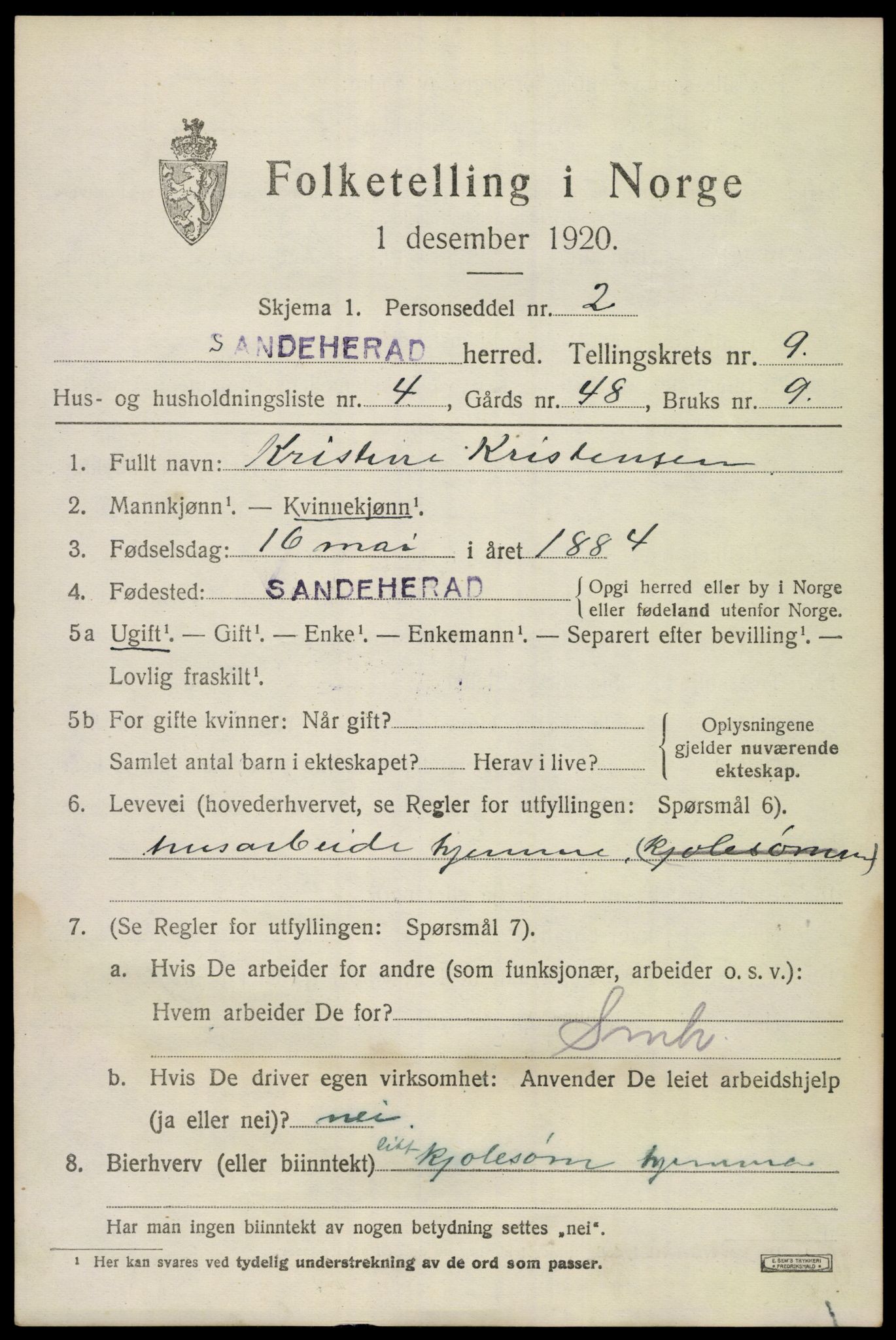 SAKO, 1920 census for Sandeherred, 1920, p. 14296