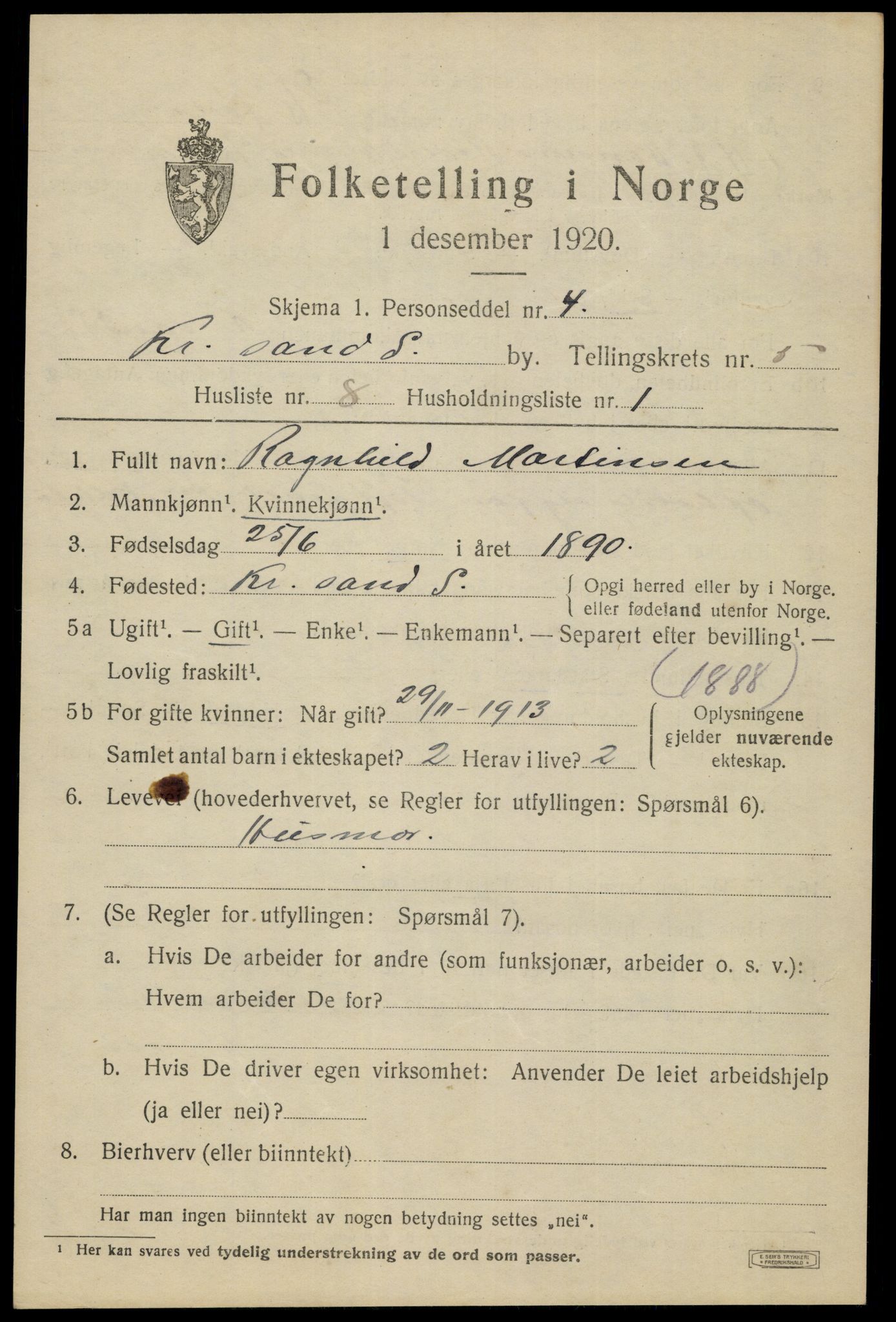 SAK, 1920 census for Kristiansand, 1920, p. 16943