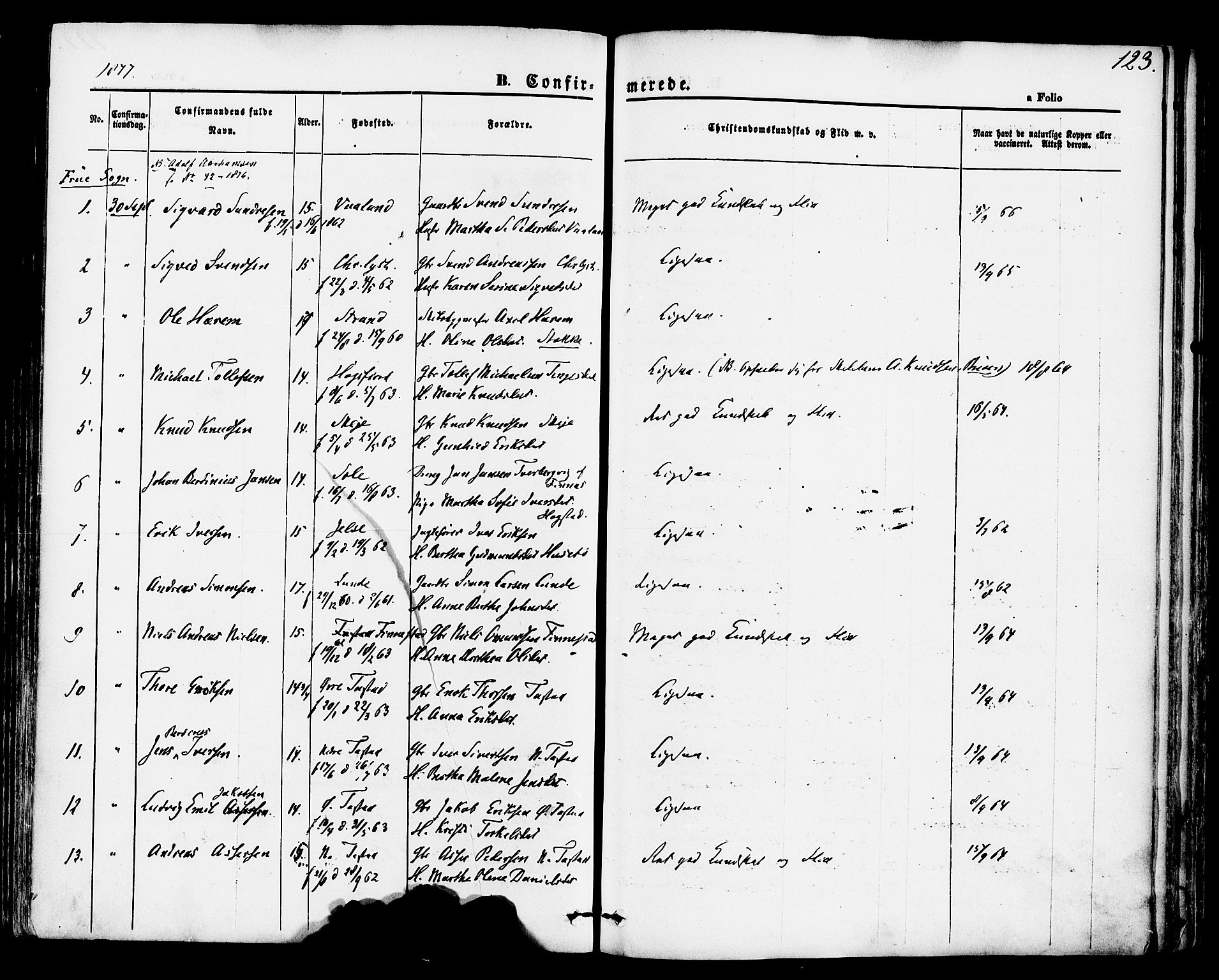 Hetland sokneprestkontor, SAST/A-101826/30/30BA/L0004: Parish register (official) no. A 4, 1862-1881, p. 123