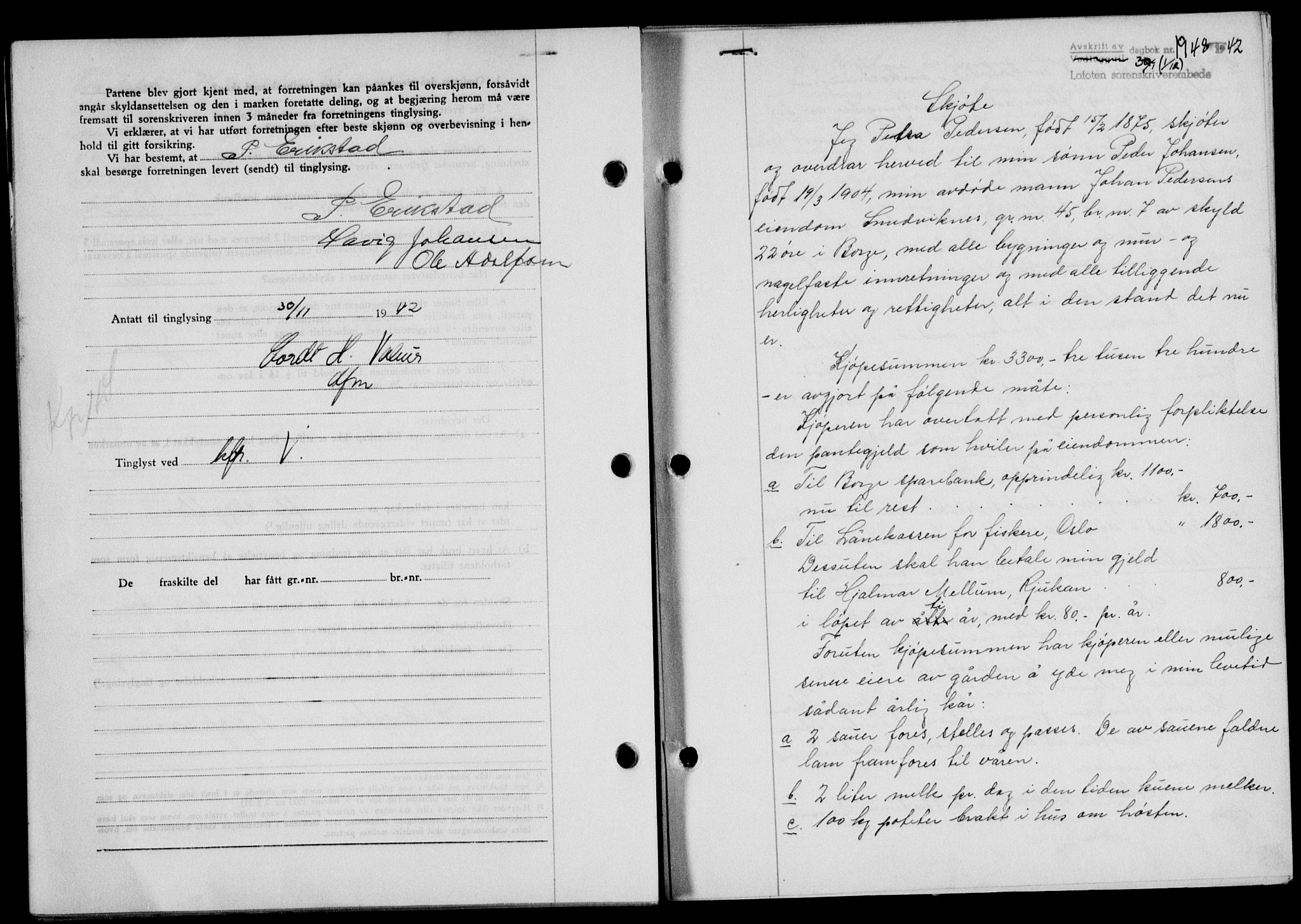 Lofoten sorenskriveri, SAT/A-0017/1/2/2C/L0010a: Mortgage book no. 10a, 1942-1943, Diary no: : 1948/1942