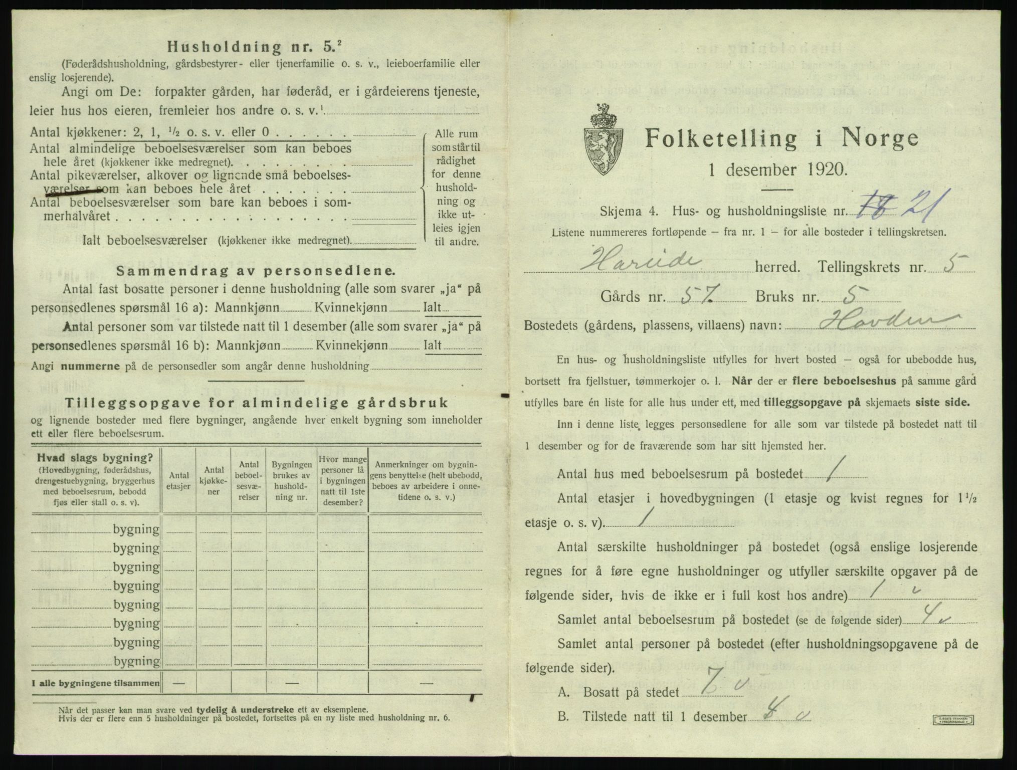 SAT, 1920 census for Hareid, 1920, p. 279