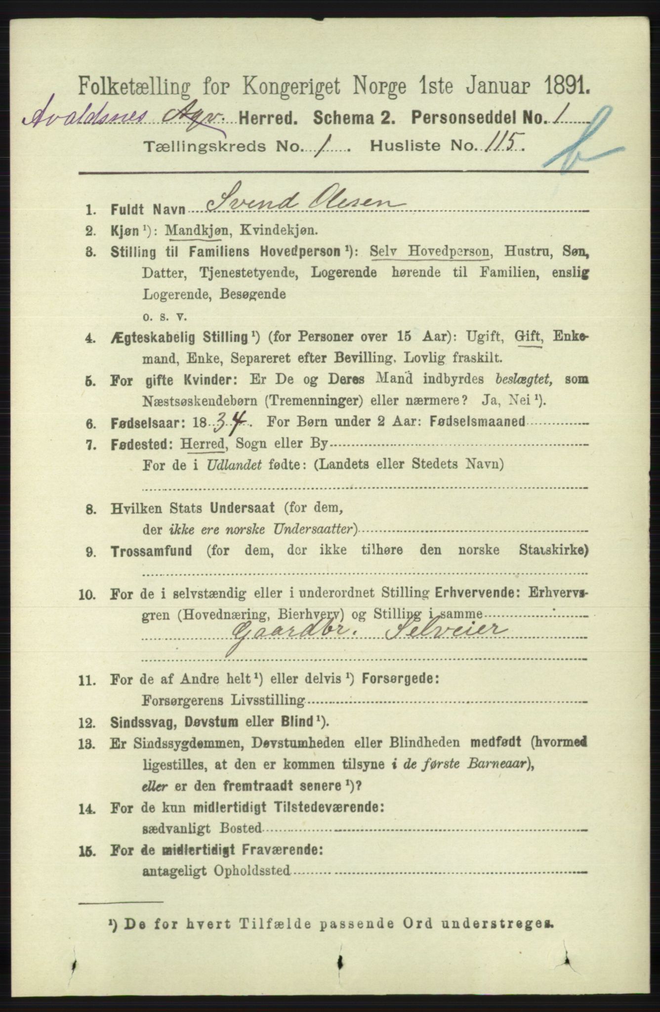 RA, 1891 census for 1147 Avaldsnes, 1891, p. 1882