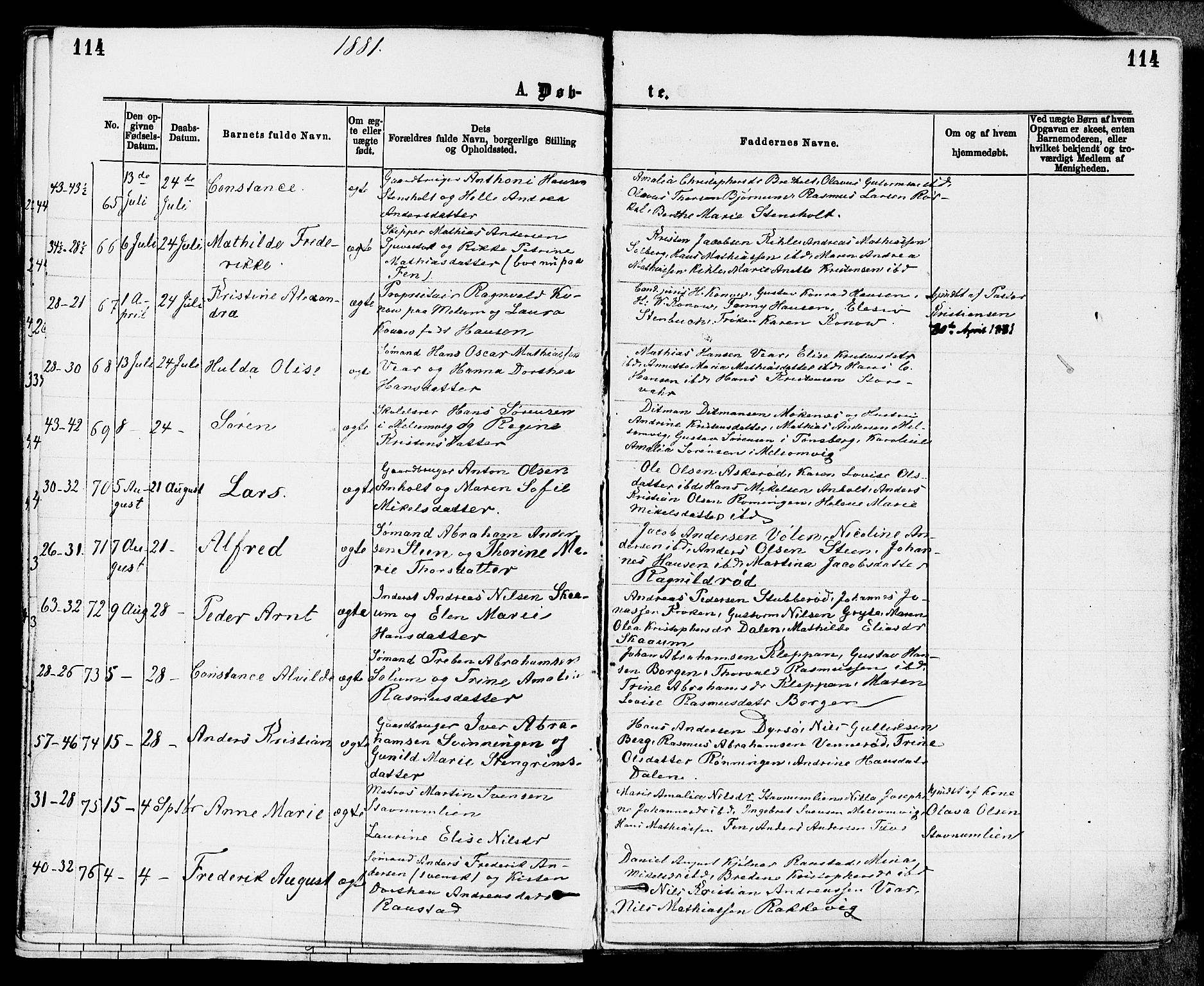 Stokke kirkebøker, AV/SAKO-A-320/F/Fa/L0009: Parish register (official) no. I 9, 1872-1883, p. 114