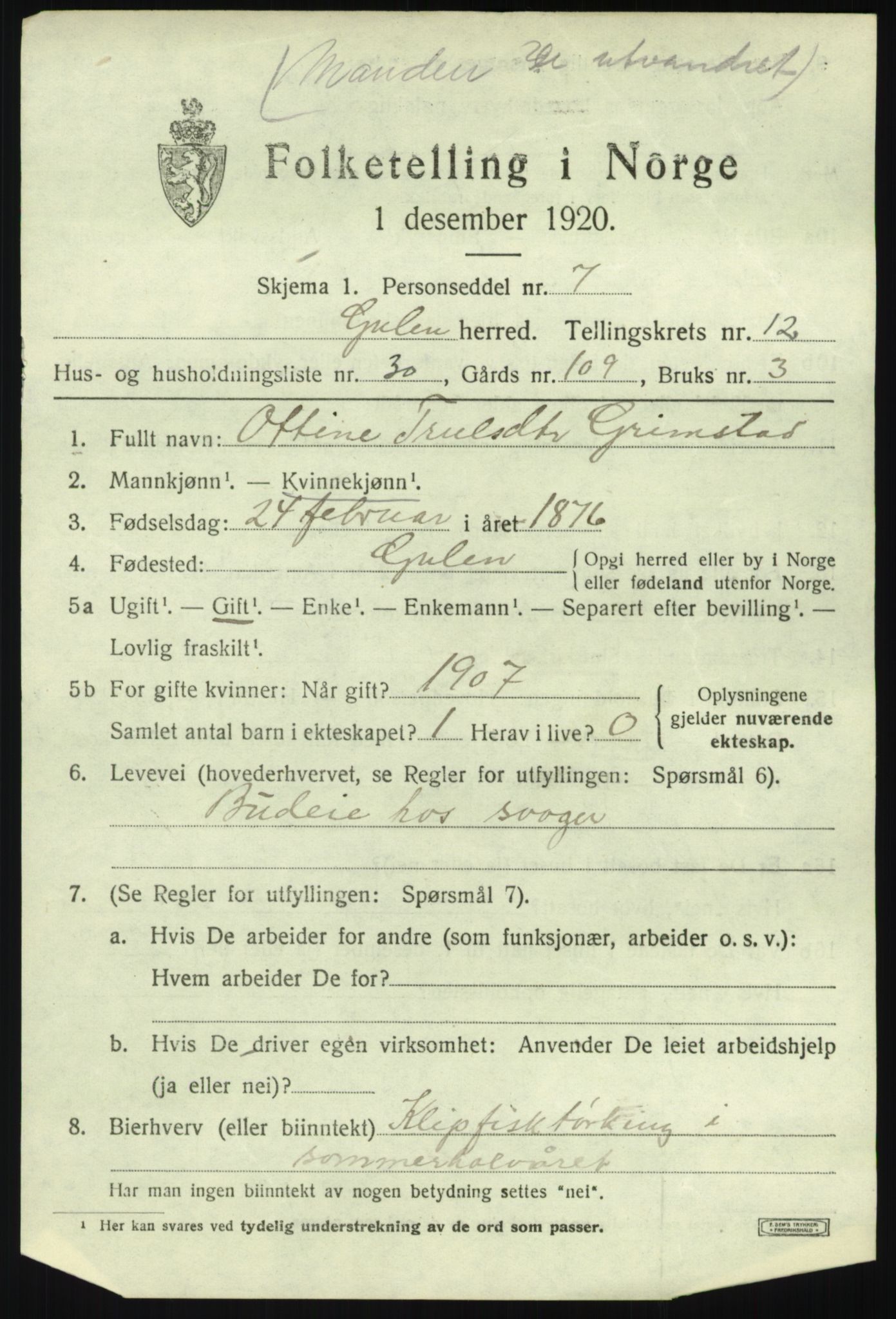 SAB, 1920 census for Gulen, 1920, p. 5795