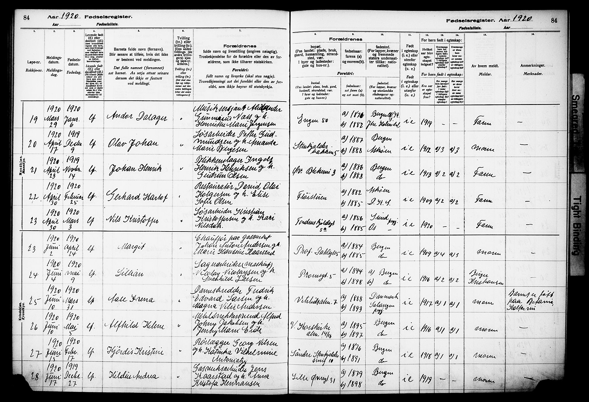 Korskirken sokneprestembete, SAB/A-76101/I/Id/L00A1: Birth register no. A 1, 1916-1929, p. 84