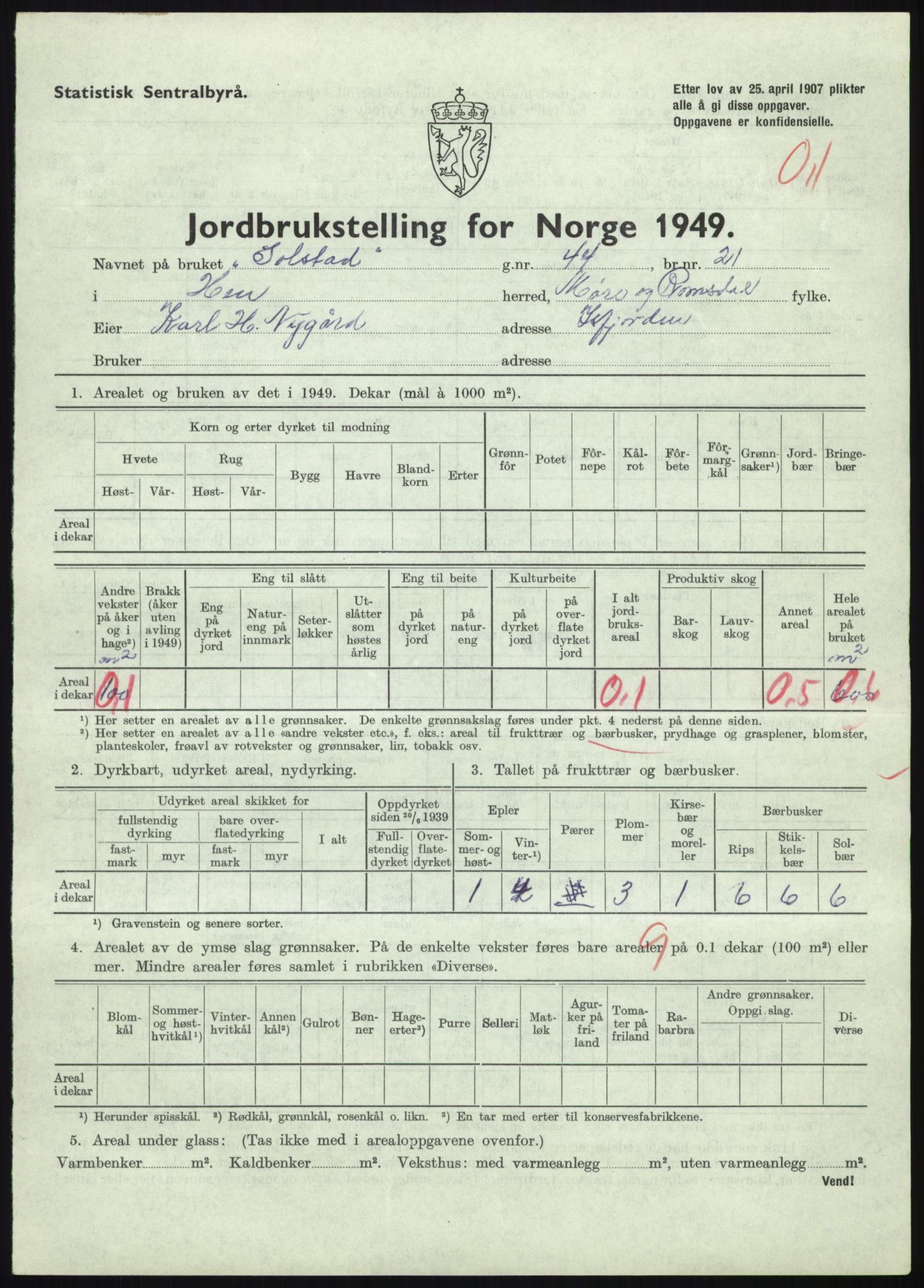 Statistisk sentralbyrå, Næringsøkonomiske emner, Jordbruk, skogbruk, jakt, fiske og fangst, AV/RA-S-2234/G/Gc/L0323: Møre og Romsdal: Grytten og Hen, 1949, p. 419