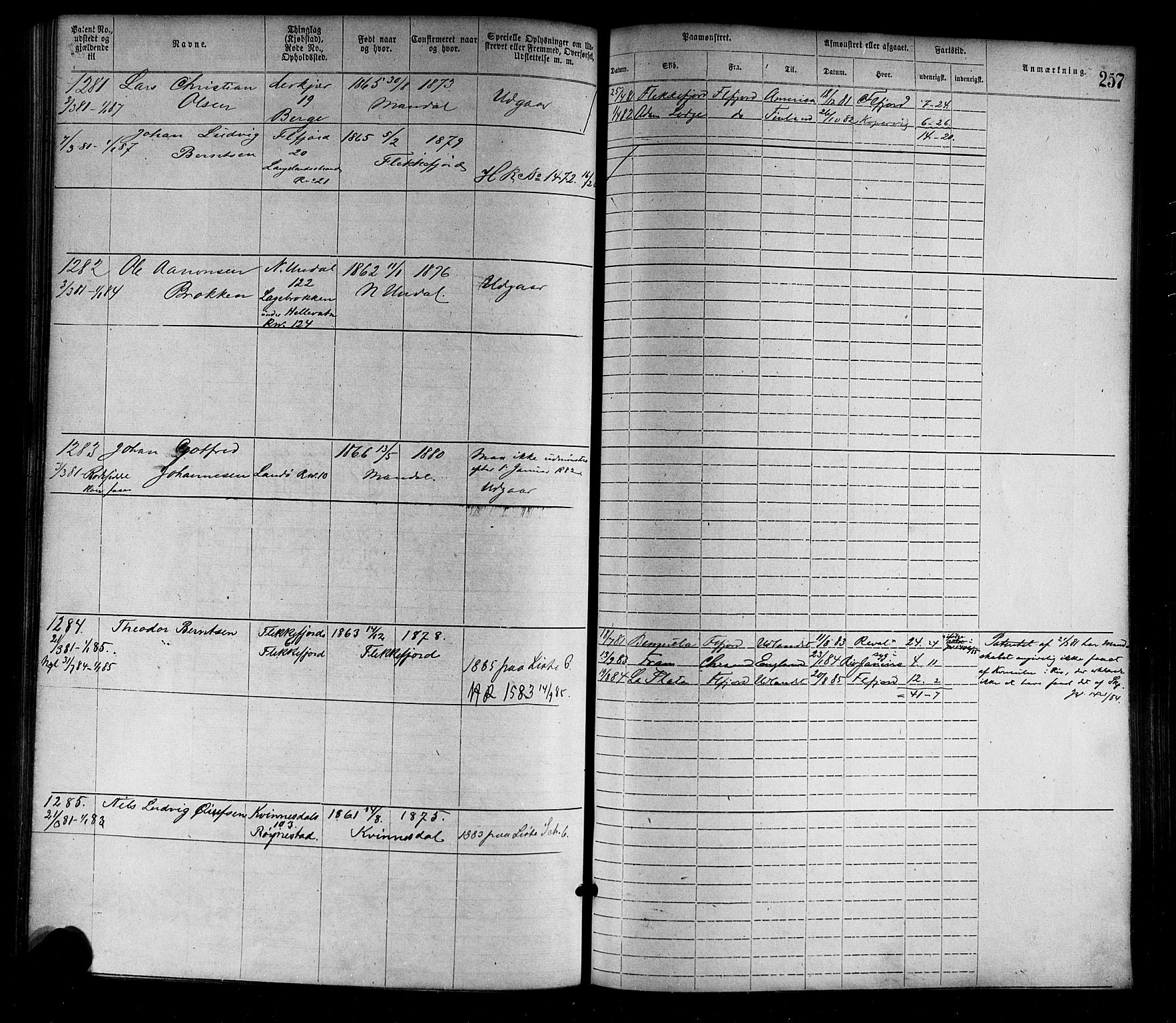 Flekkefjord mønstringskrets, AV/SAK-2031-0018/F/Fa/L0002: Annotasjonsrulle nr 1-1920 med register, N-2, 1870-1891, p. 285