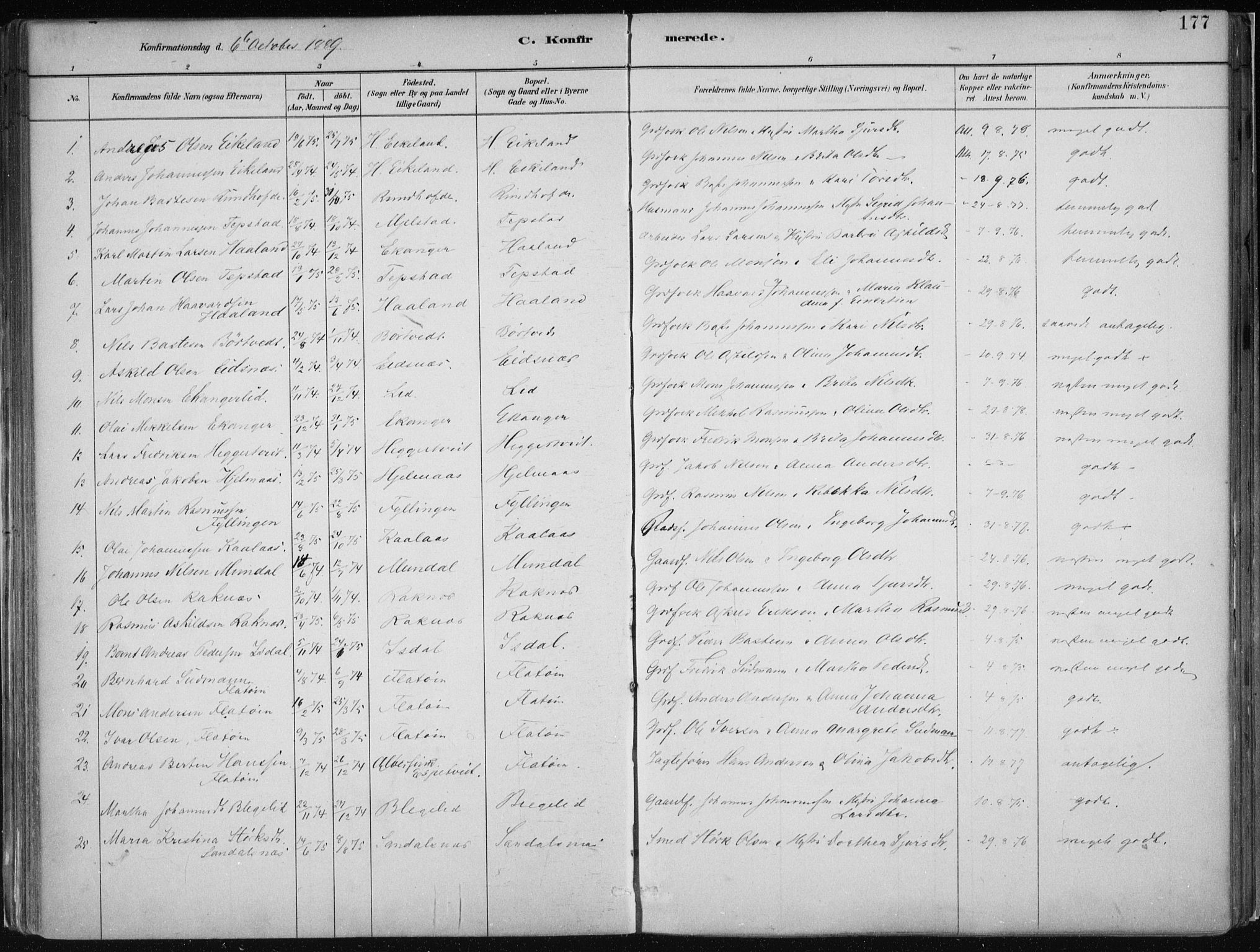 Hamre sokneprestembete, SAB/A-75501/H/Ha/Haa/Haab/L0001: Parish register (official) no. B  1, 1882-1905, p. 177