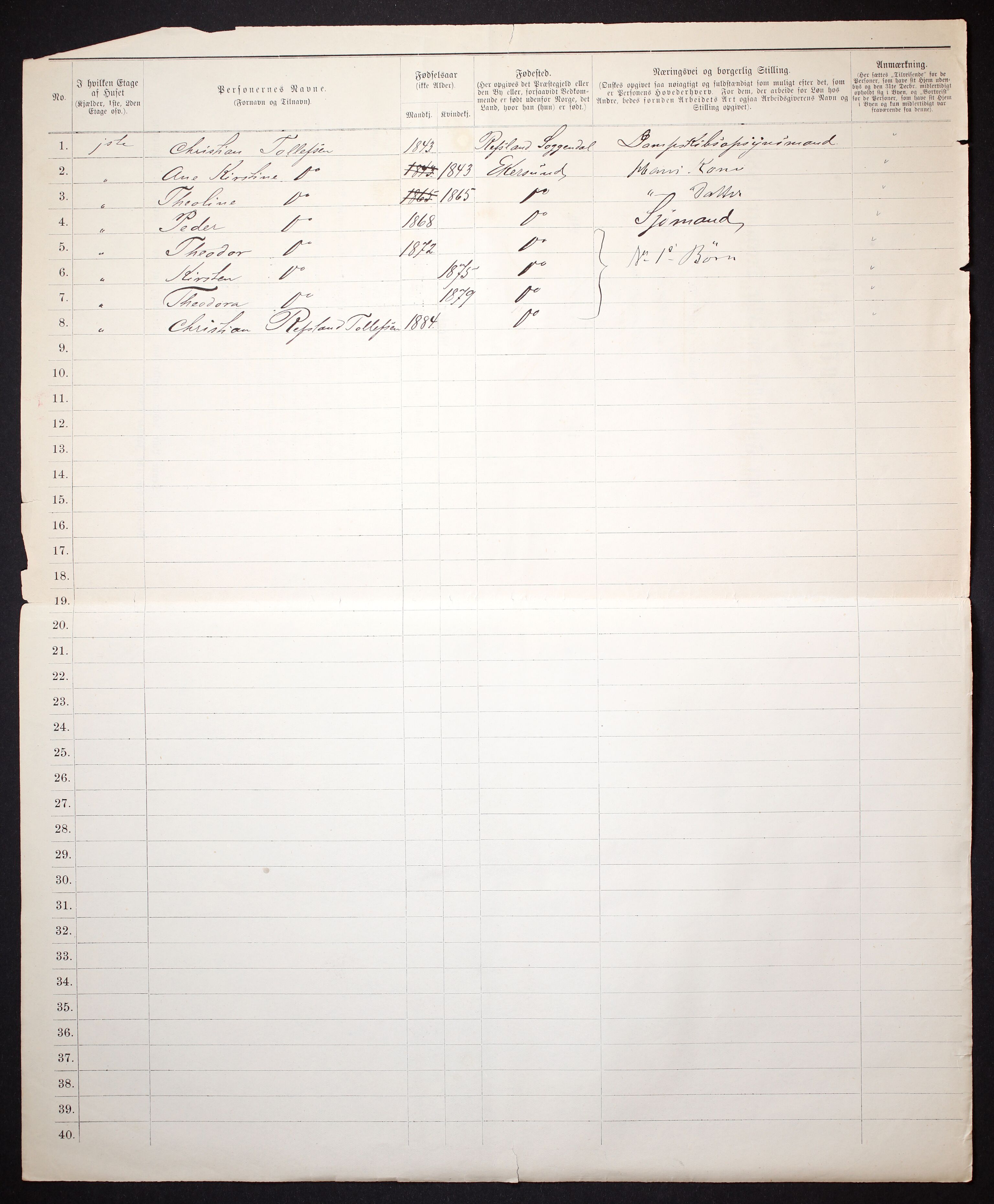 SAST, 1885 census for 1101 Egersund, 1885, p. 1b