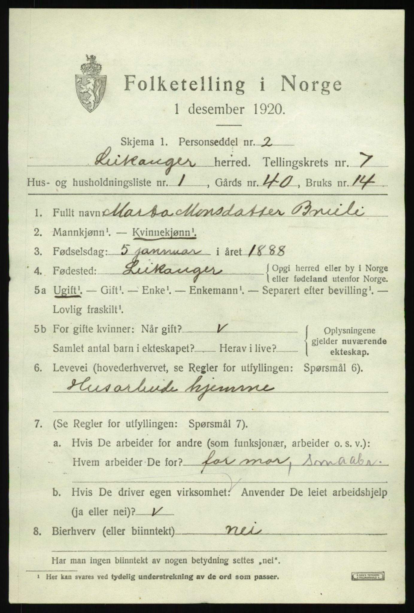 SAB, 1920 census for Leikanger, 1920, p. 4590