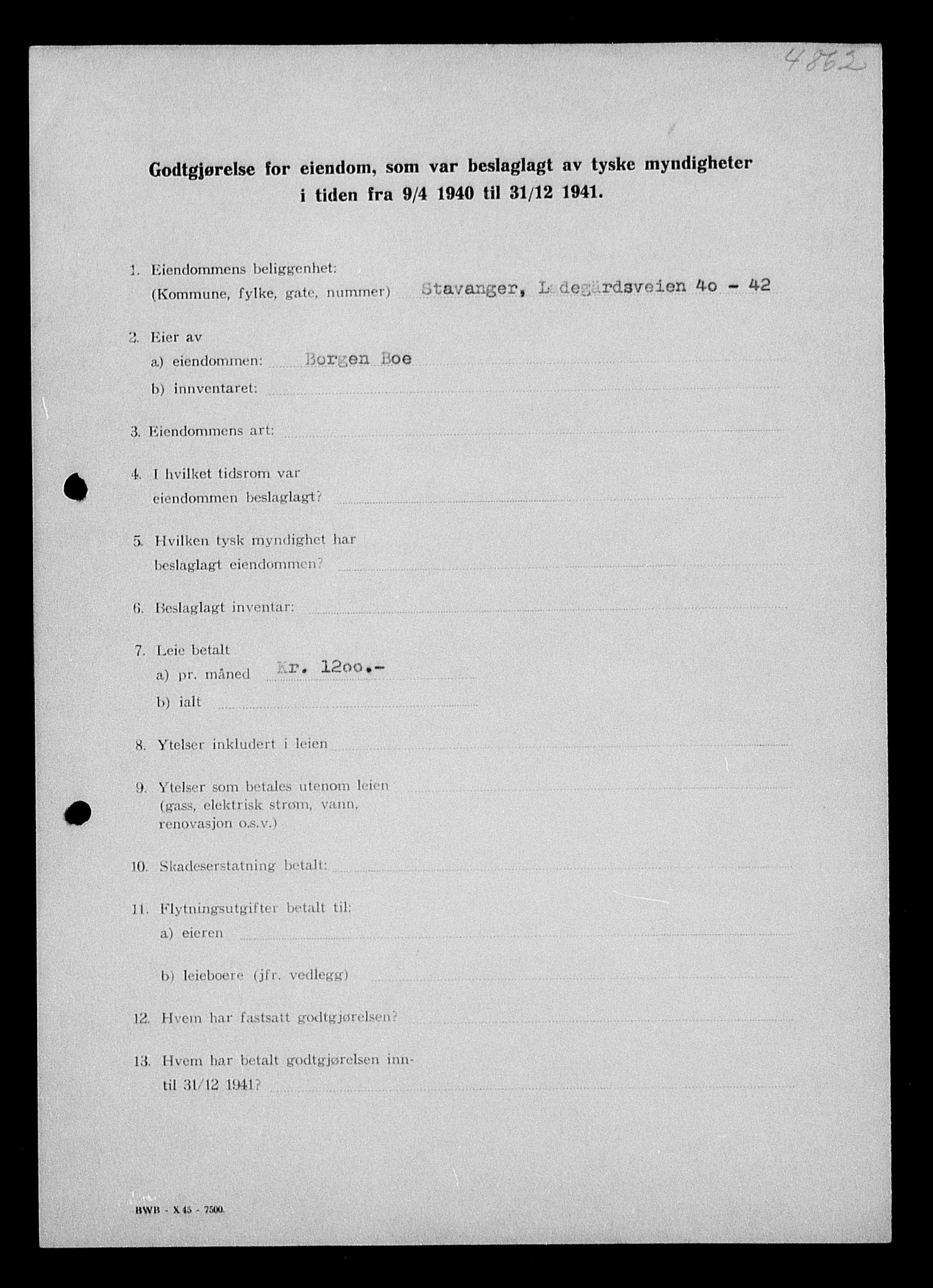 Justisdepartementet, Tilbakeføringskontoret for inndratte formuer, AV/RA-S-1564/I/L1014: Godtgjørelse for beslaglagt eiendom, 1940-1941, p. 20