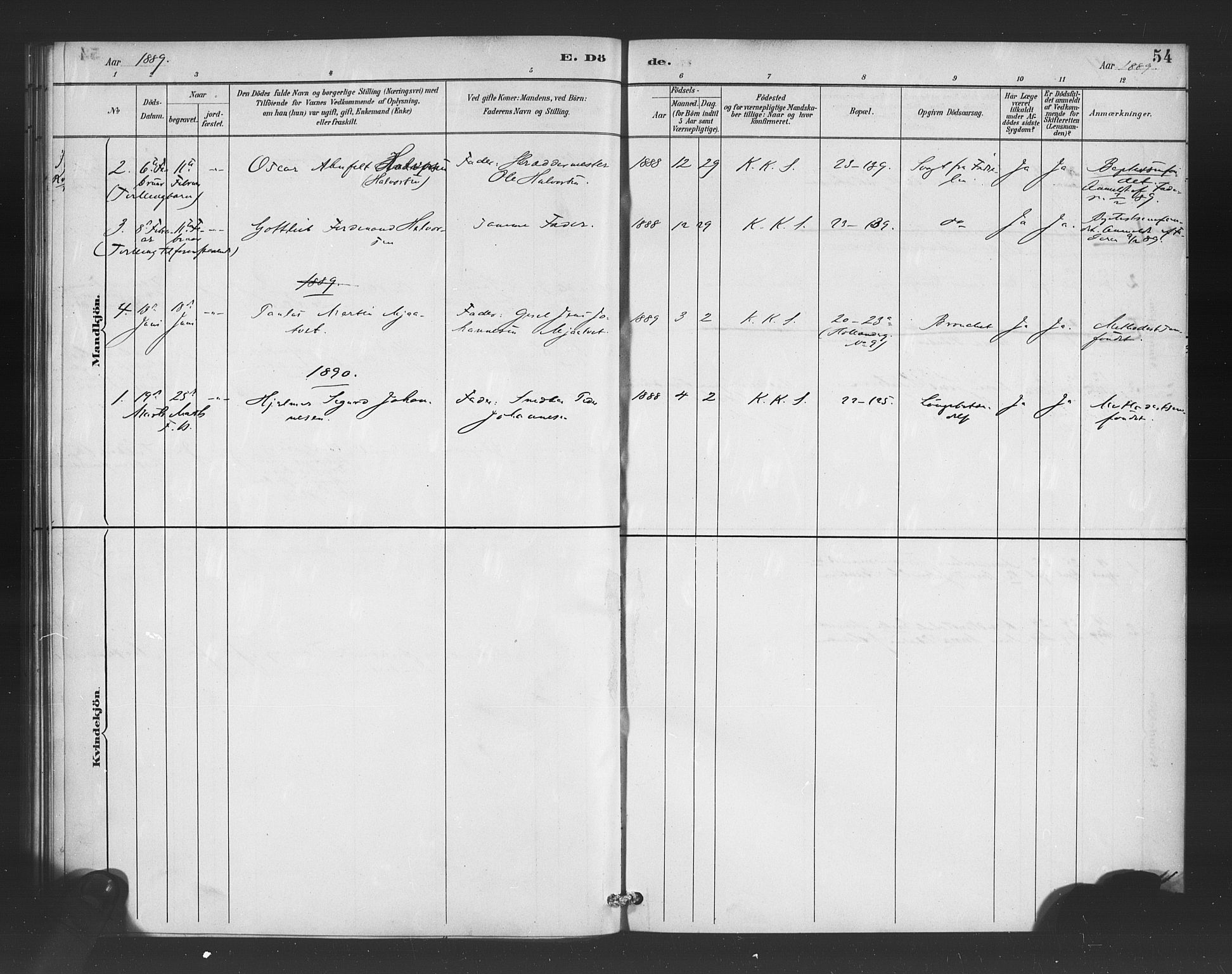 Korskirken sokneprestembete, SAB/A-76101/H/Haa/L0052: Parish register (official) no. G 2, 1887-1899, p. 54