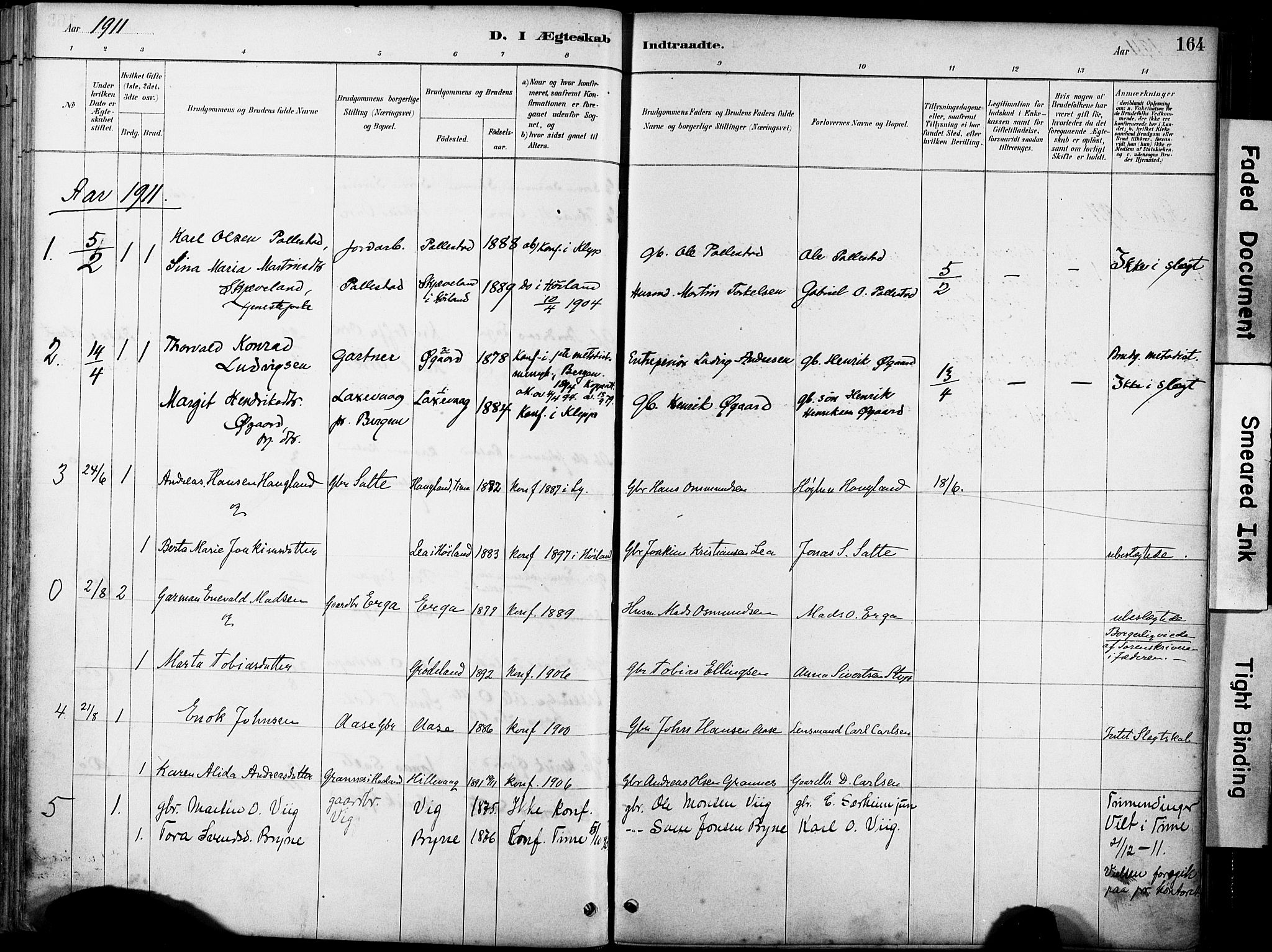 Klepp sokneprestkontor, SAST/A-101803/001/3/30BA/L0007: Parish register (official) no. A 8, 1886-1912, p. 164