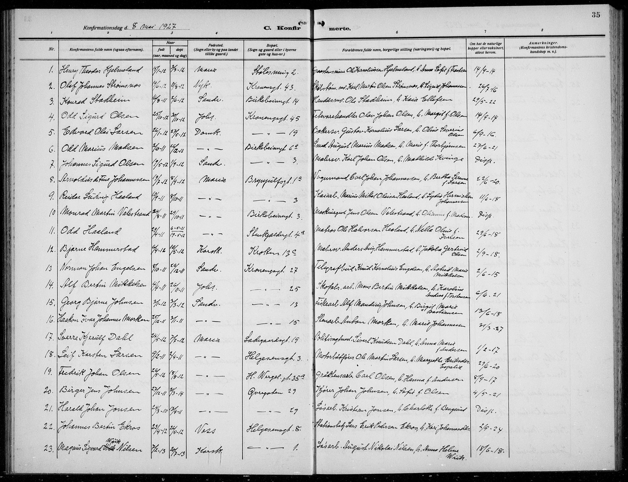 Mariakirken Sokneprestembete, AV/SAB-A-76901/H/Hab/L0010: Parish register (copy) no. A 10, 1920-1937, p. 35