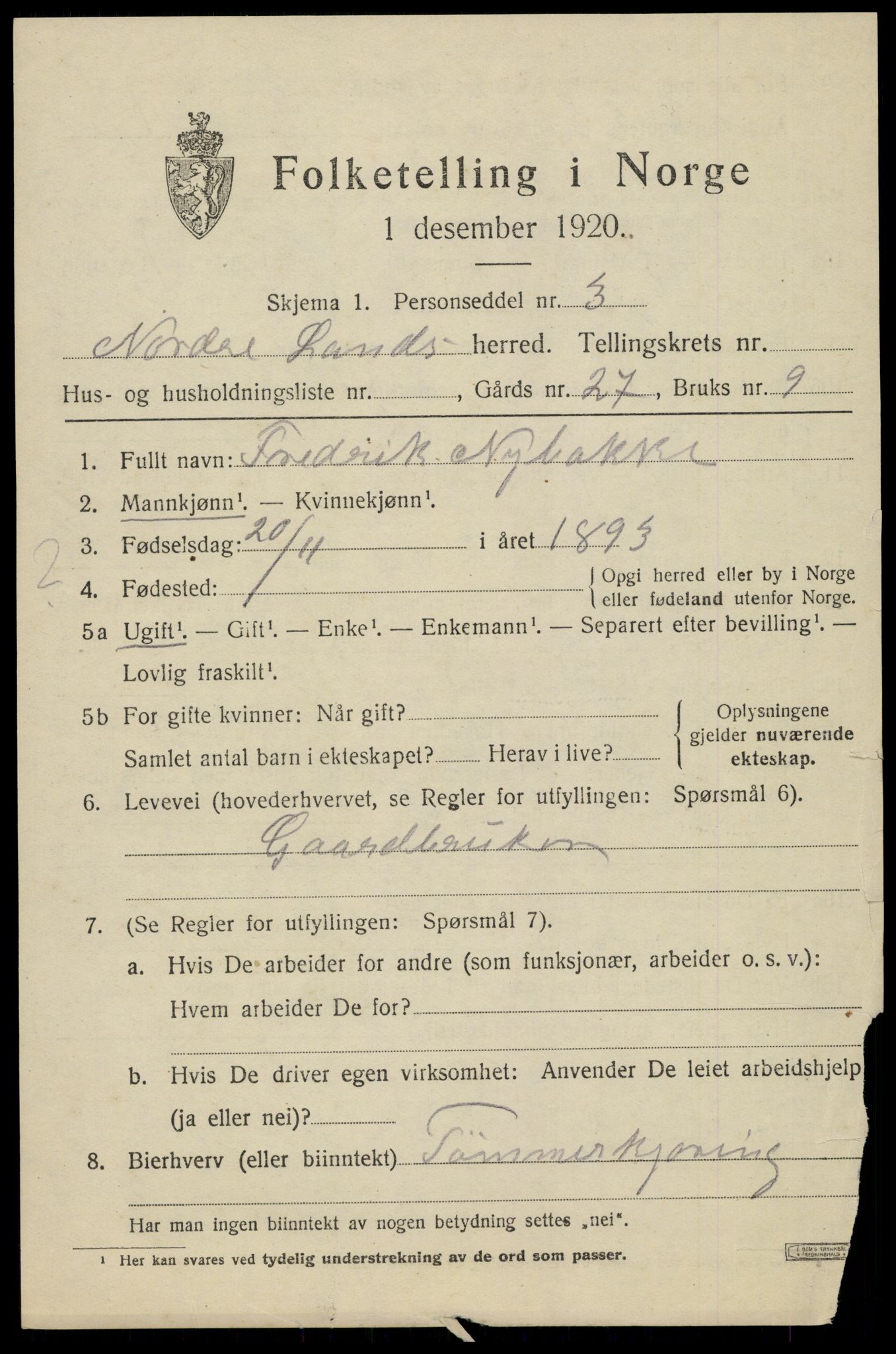 SAH, 1920 census for Nordre Land, 1920, p. 4750