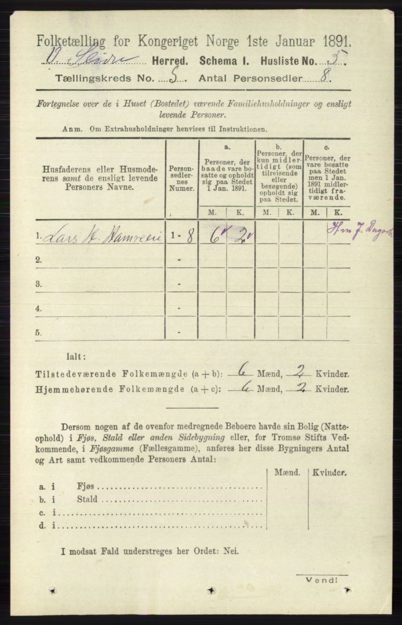 RA, 1891 census for 0543 Vestre Slidre, 1891, p. 1693