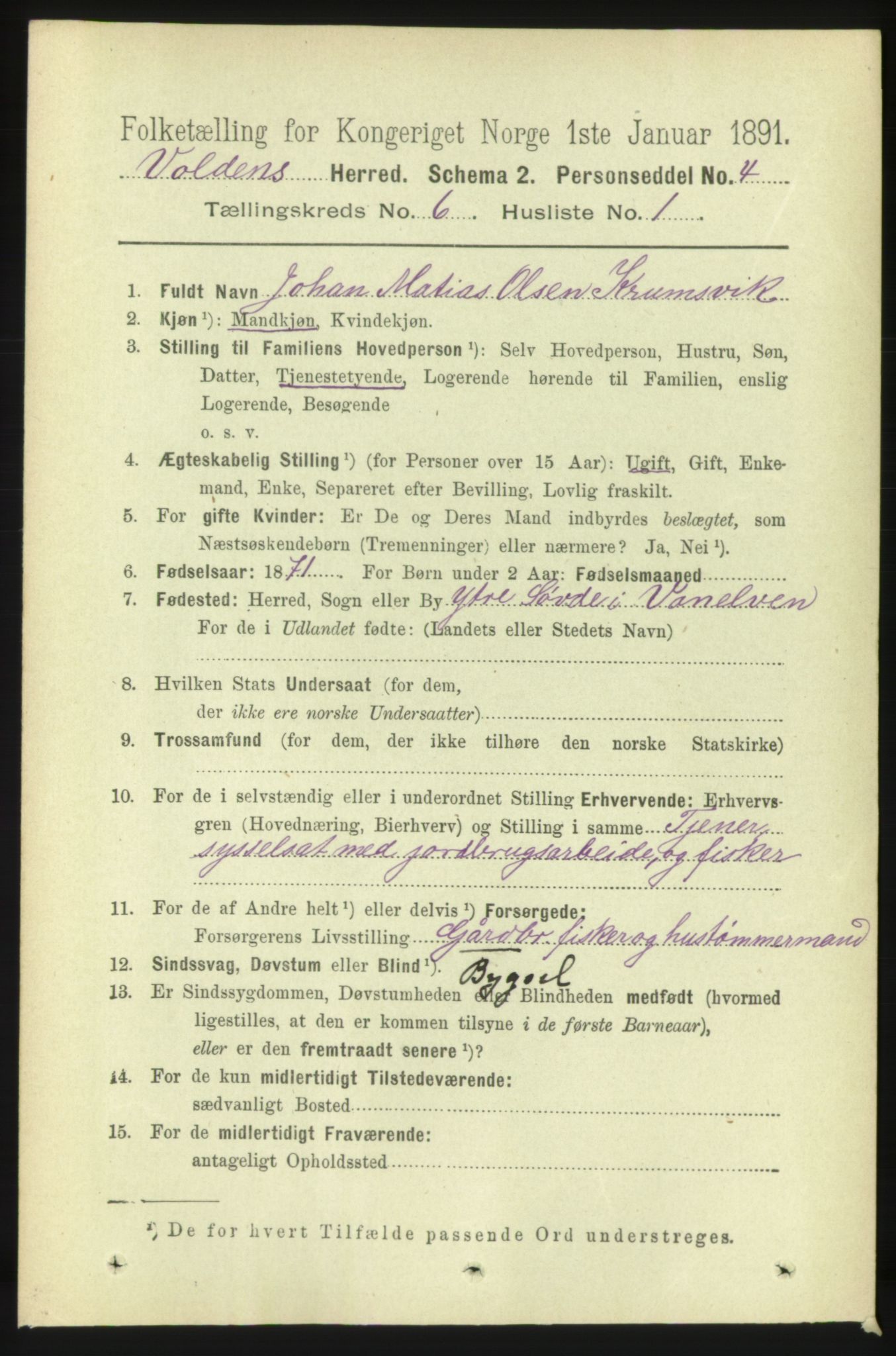 RA, 1891 census for 1519 Volda, 1891, p. 2866