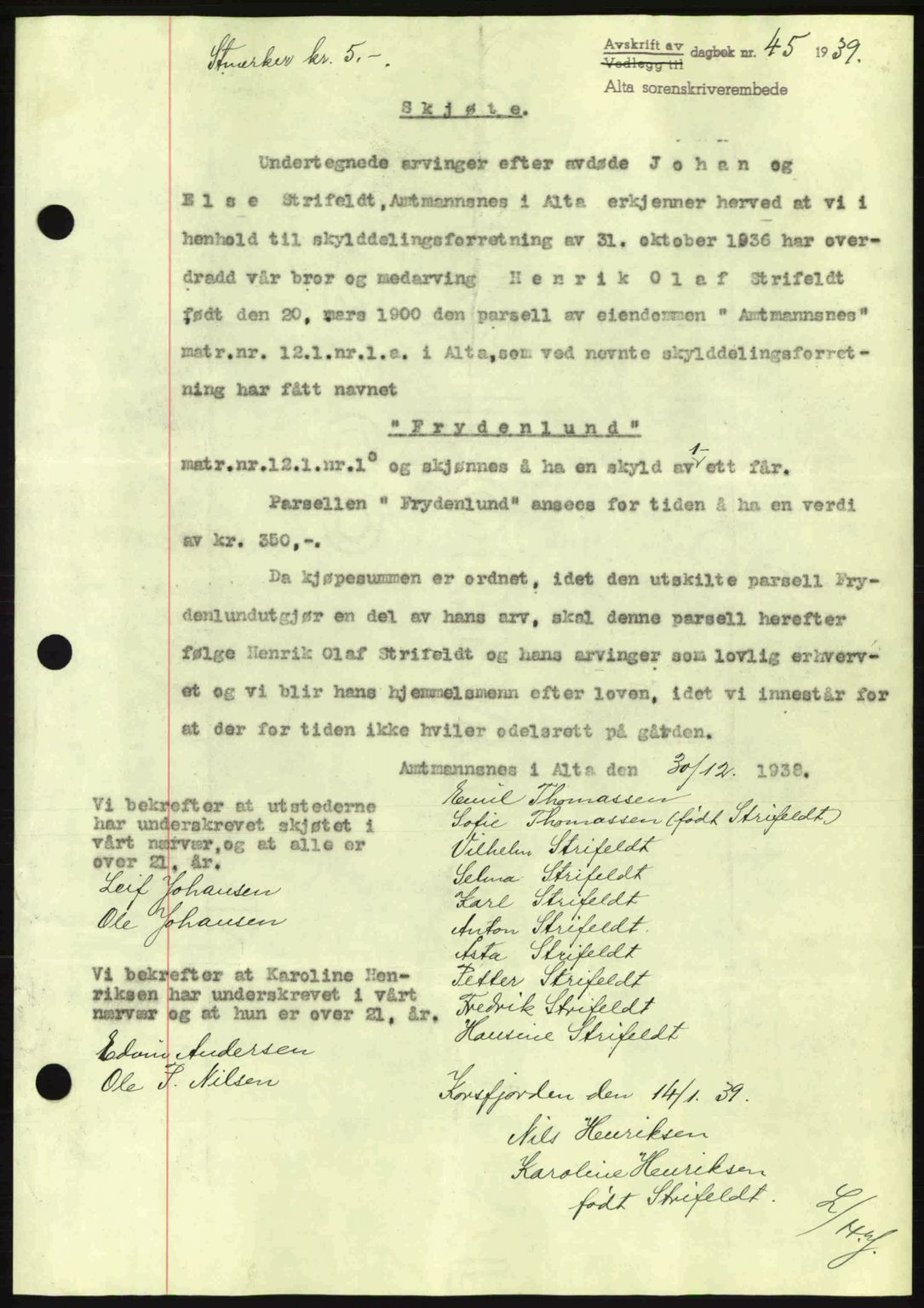 Alta fogderi/sorenskriveri, SATØ/SATØ-5/1/K/Kd/L0031pantebok: Mortgage book no. 31, 1938-1939, Diary no: : 45/1939