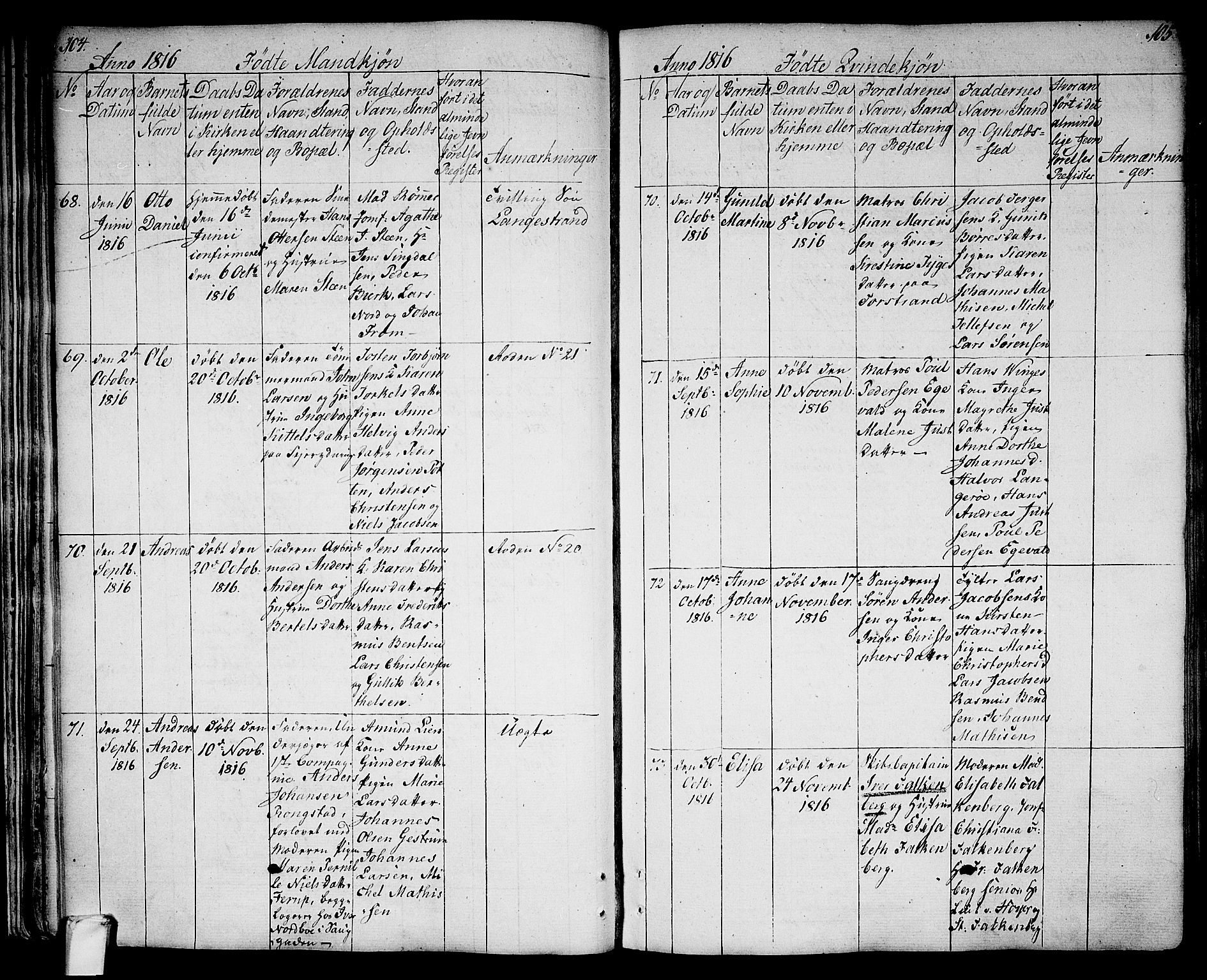 Larvik kirkebøker, AV/SAKO-A-352/G/Ga/L0002: Parish register (copy) no. I 2, 1807-1830, p. 104-105