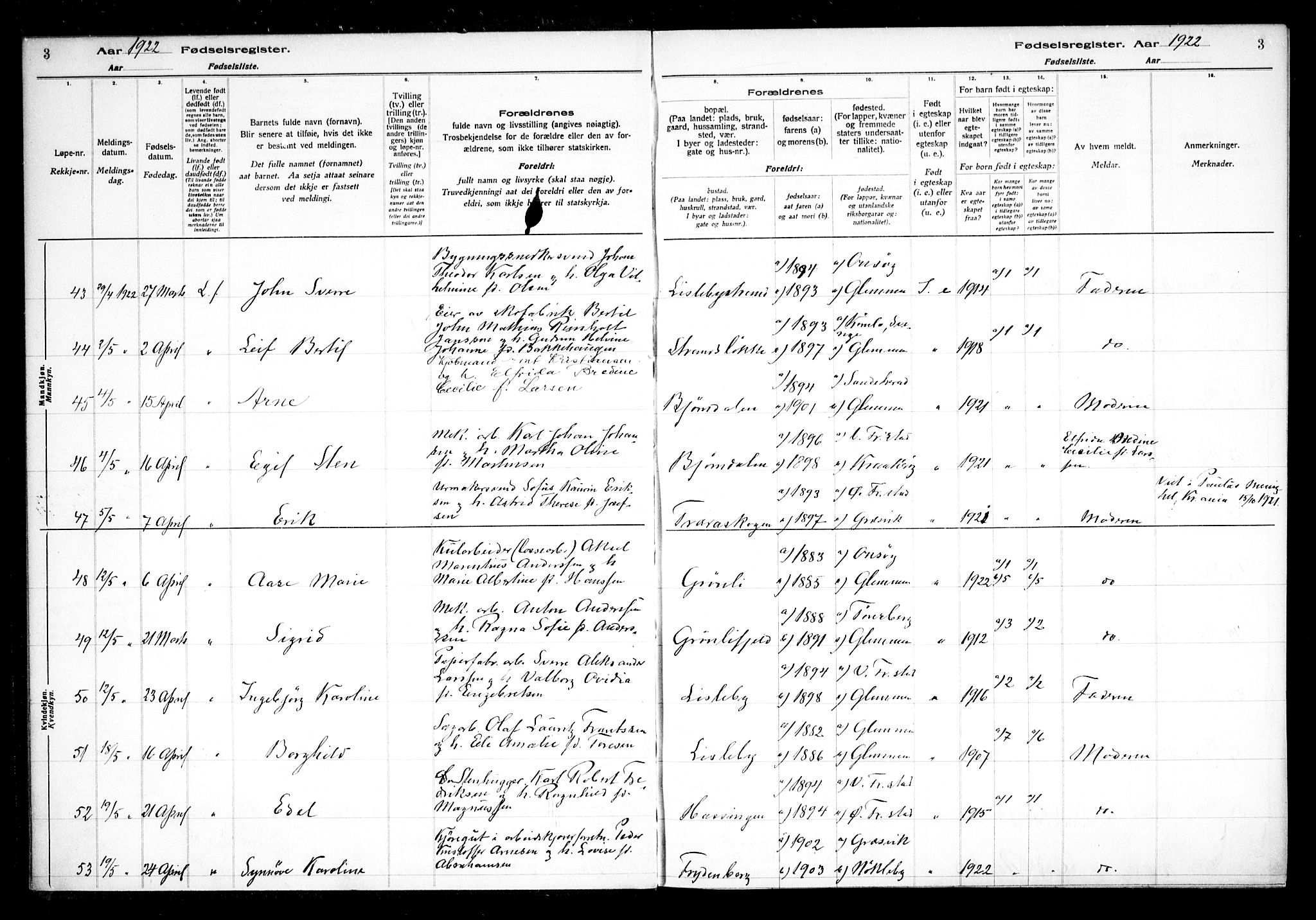 Glemmen prestekontor Kirkebøker, AV/SAO-A-10908/J/Ja/L0002: Birth register no. I 2, 1922-1929, p. 3