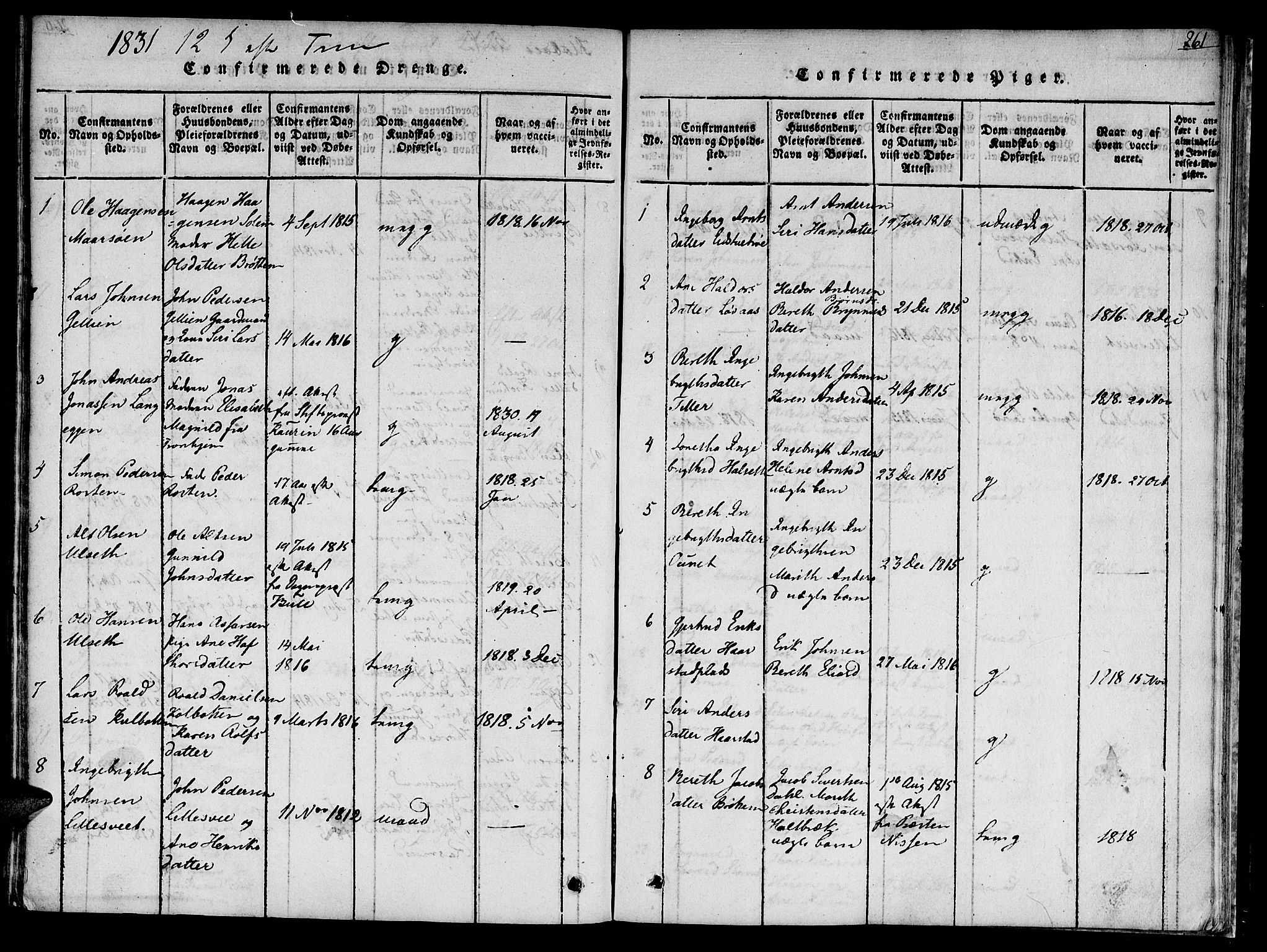 Ministerialprotokoller, klokkerbøker og fødselsregistre - Sør-Trøndelag, SAT/A-1456/618/L0439: Parish register (official) no. 618A04 /1, 1816-1843, p. 261