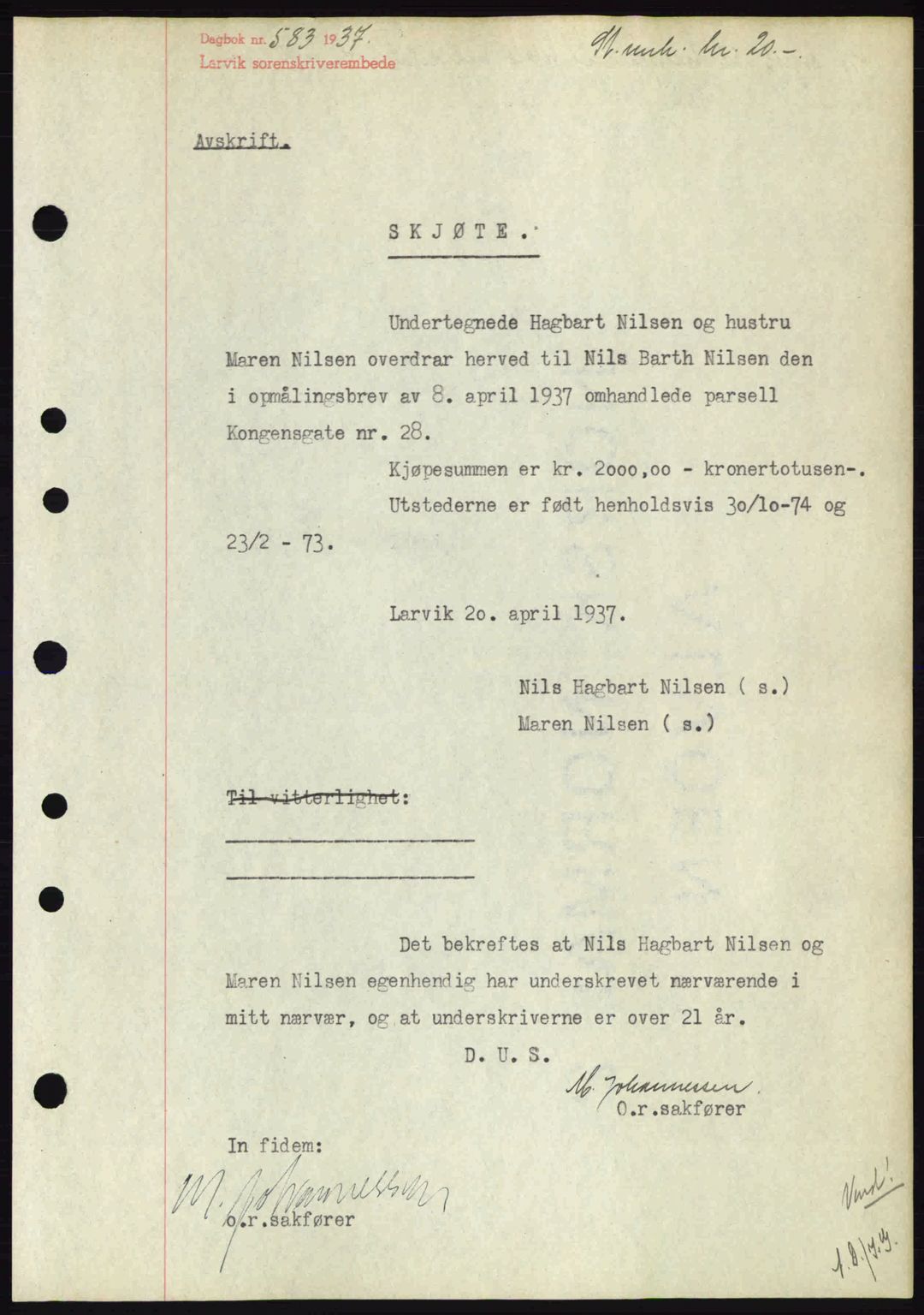 Larvik sorenskriveri, SAKO/A-83/G/Ga/Gab/L0067: Mortgage book no. A-1, 1936-1937, Diary no: : 583/1937