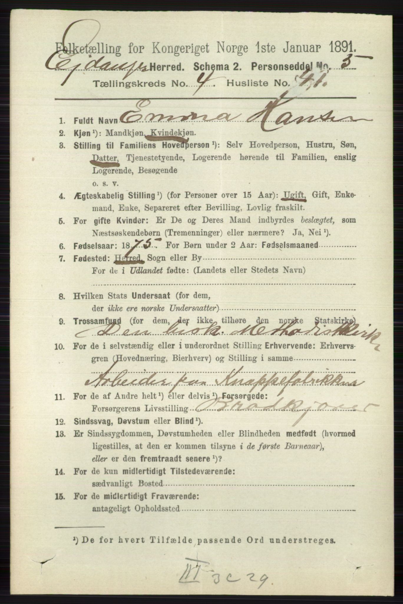 RA, 1891 census for 0813 Eidanger, 1891, p. 2225