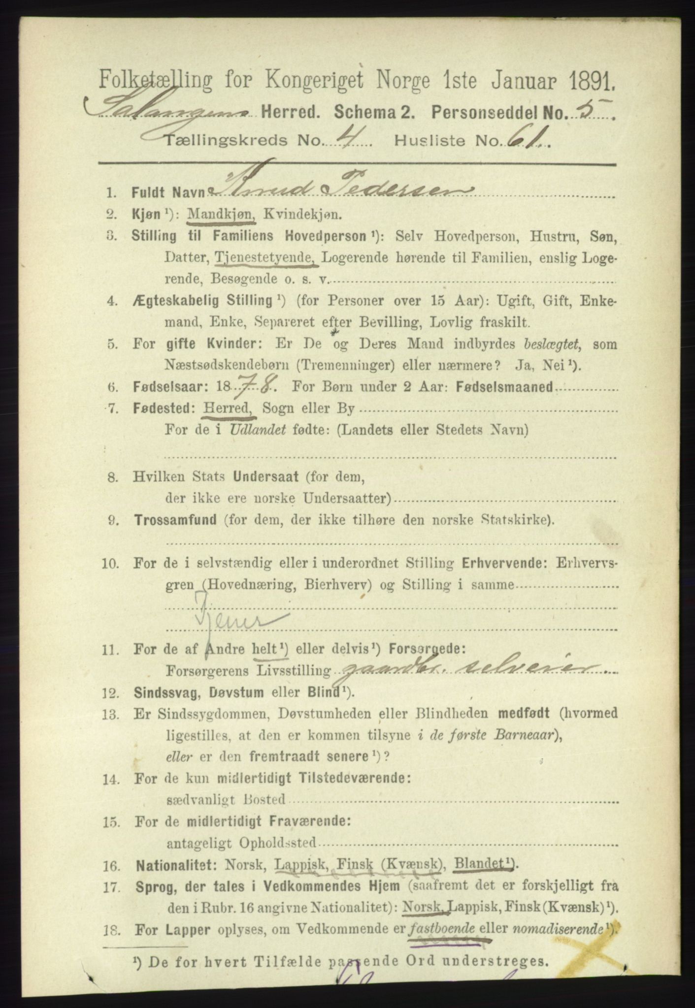 RA, 1891 census for 1921 Salangen, 1891, p. 2211