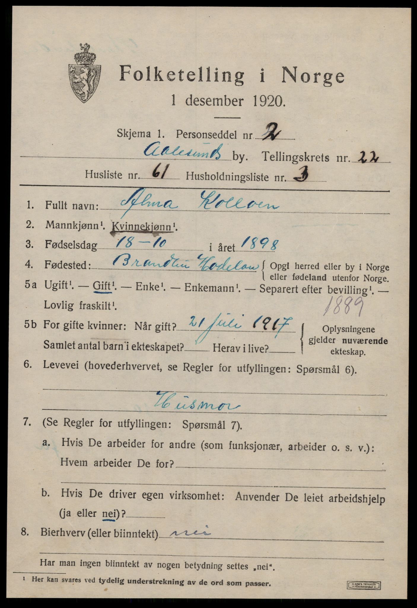 SAT, 1920 census for Ålesund, 1920, p. 41996