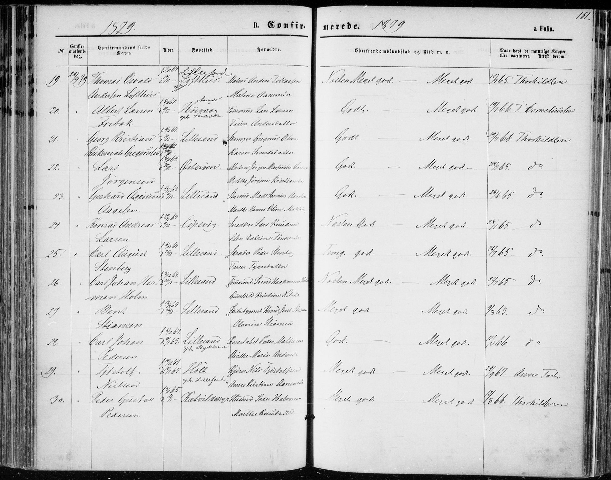 Vestre Moland sokneprestkontor, AV/SAK-1111-0046/F/Fa/Fab/L0008: Parish register (official) no. A 8, 1873-1883, p. 161