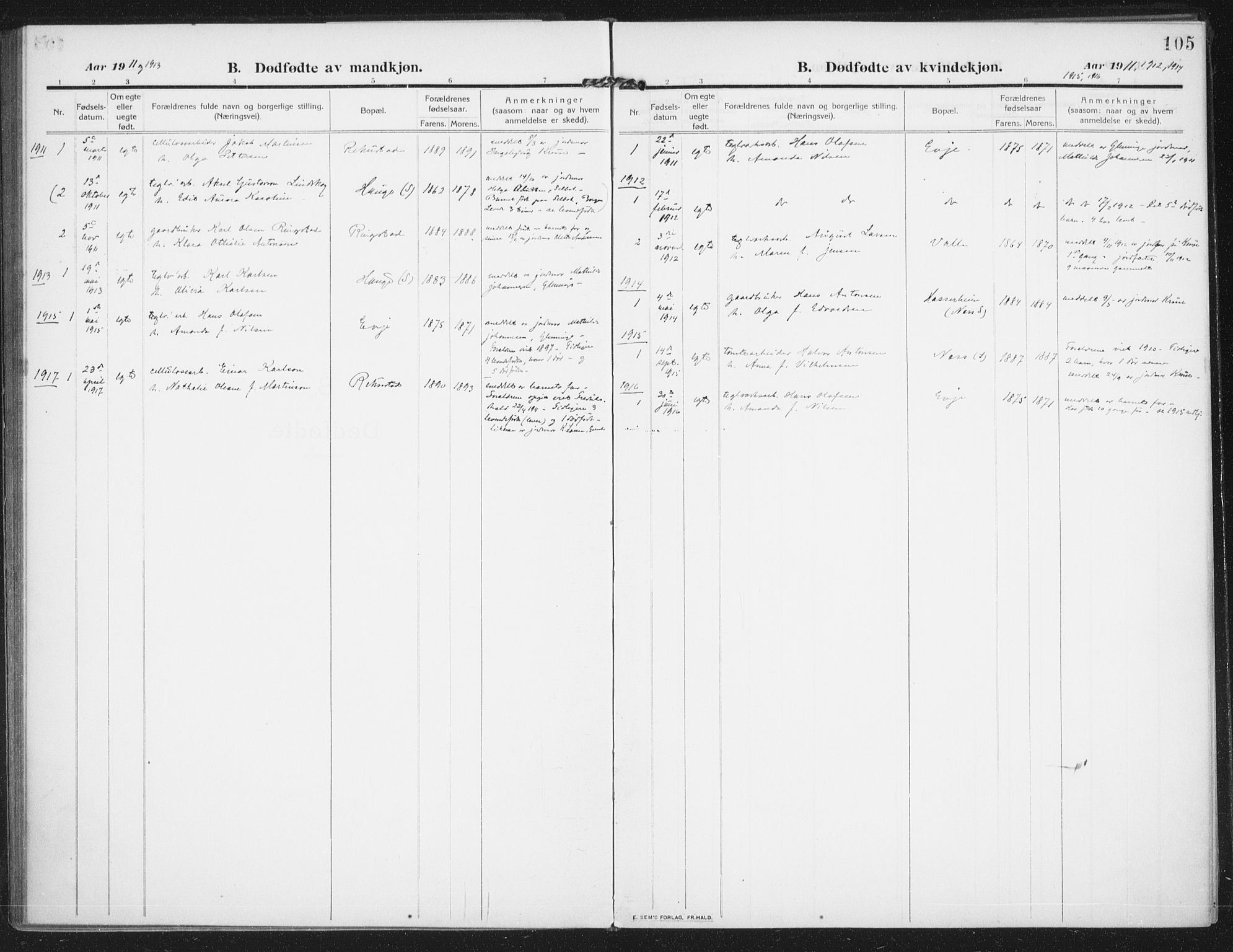 Rolvsøy prestekontor Kirkebøker, AV/SAO-A-2004/F/Fa/L0002: Parish register (official) no. 2, 1909-1917, p. 105