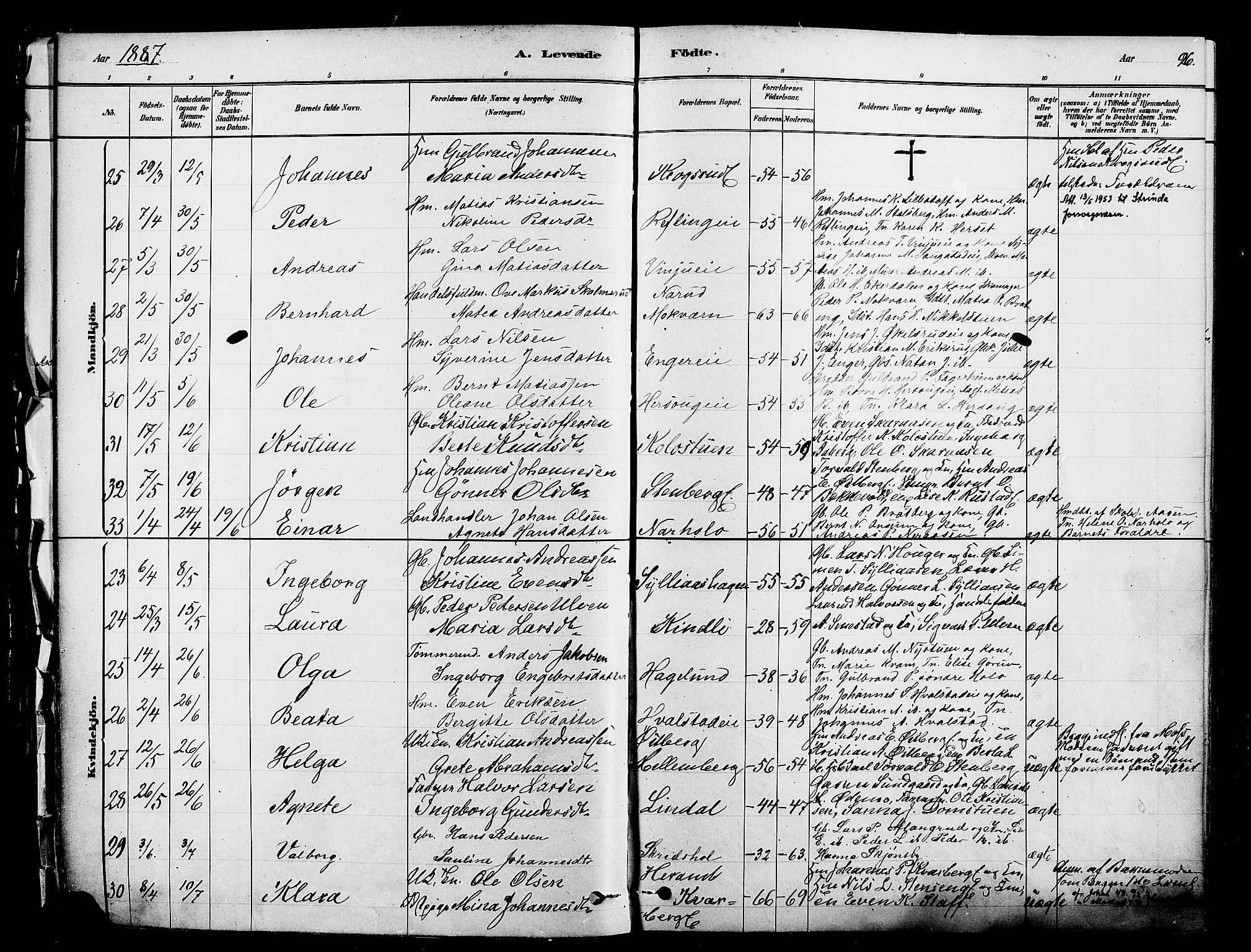 Ringsaker prestekontor, AV/SAH-PREST-014/K/Ka/L0012: Parish register (official) no. 12, 1879-1890, p. 96