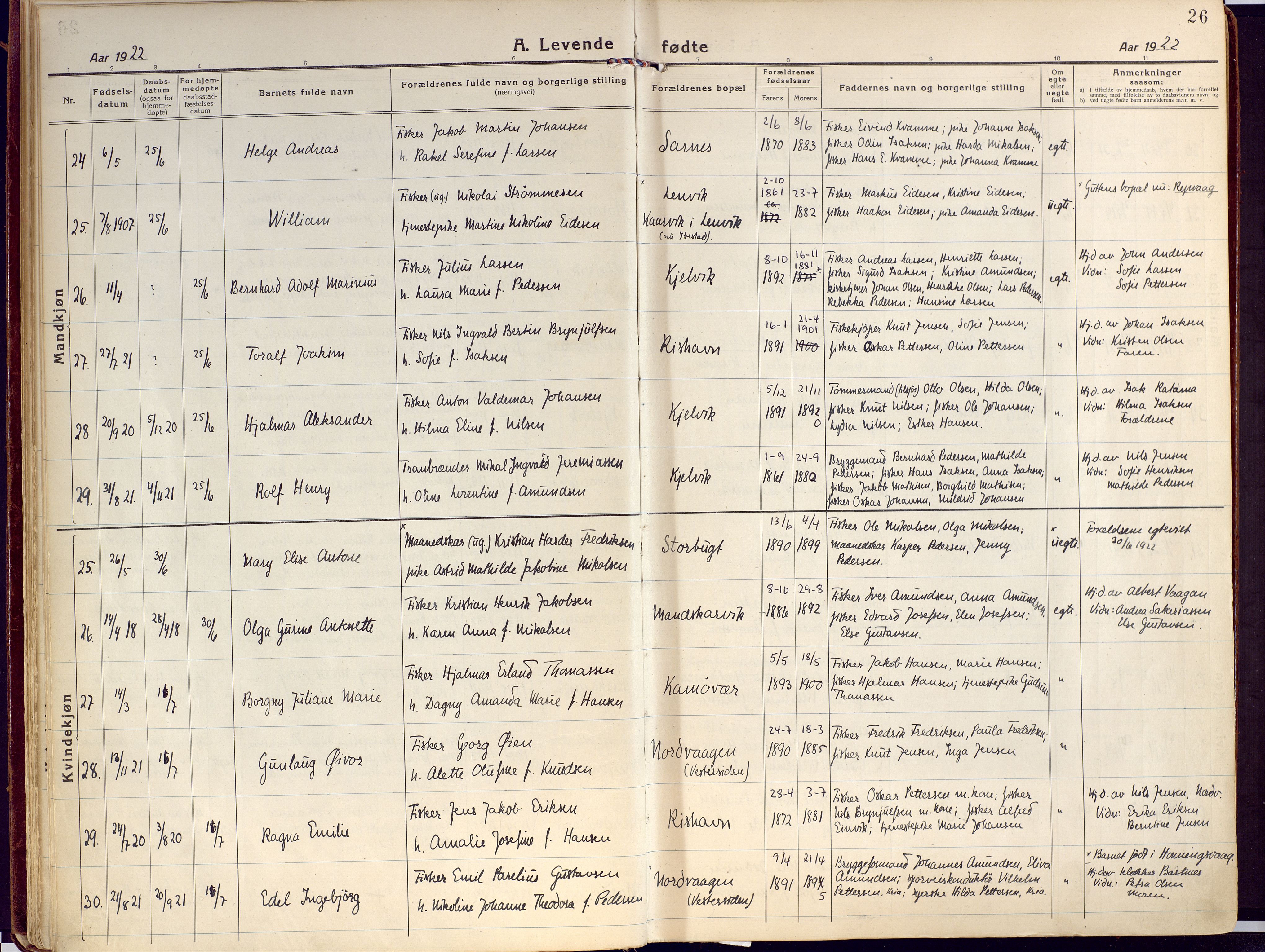 Kjelvik/Nordkapp sokneprestkontor, AV/SATØ-S-1350/H/Ha/L0002kirke: Parish register (official) no. 2, 1920-1929, p. 26