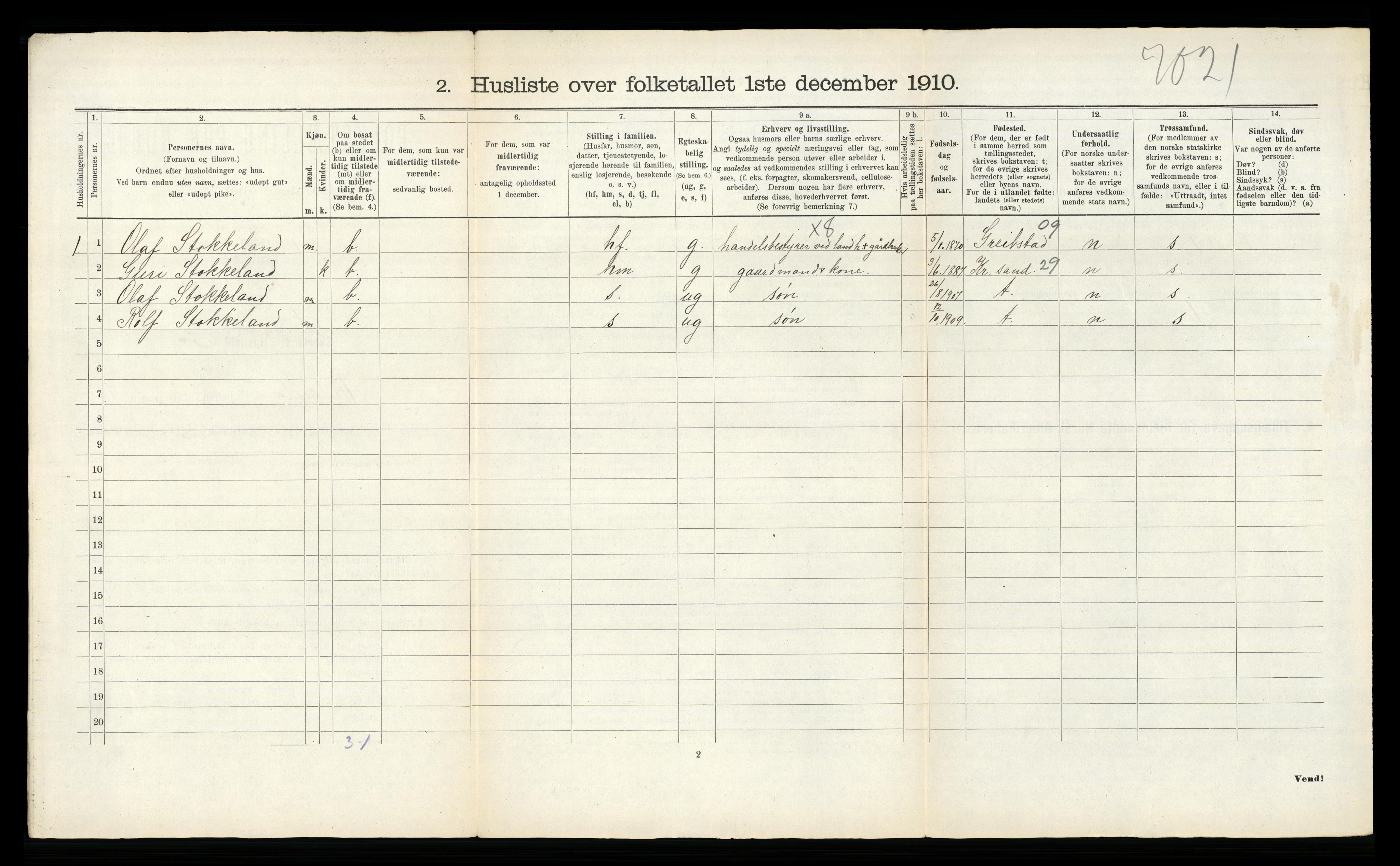 RA, 1910 census for Vennesla, 1910, p. 45