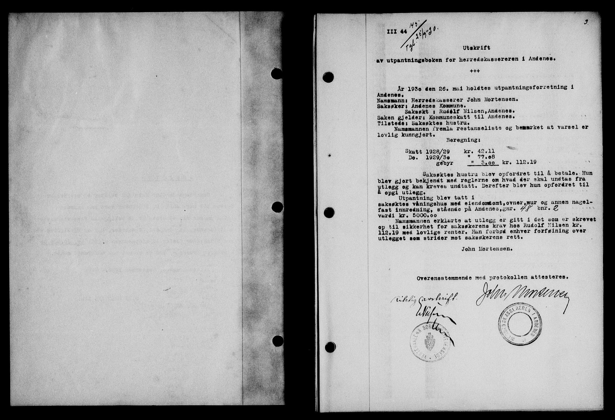 Vesterålen sorenskriveri, SAT/A-4180/1/2/2Ca/L0052: Mortgage book no. 45, 1930-1931, Deed date: 25.09.1930