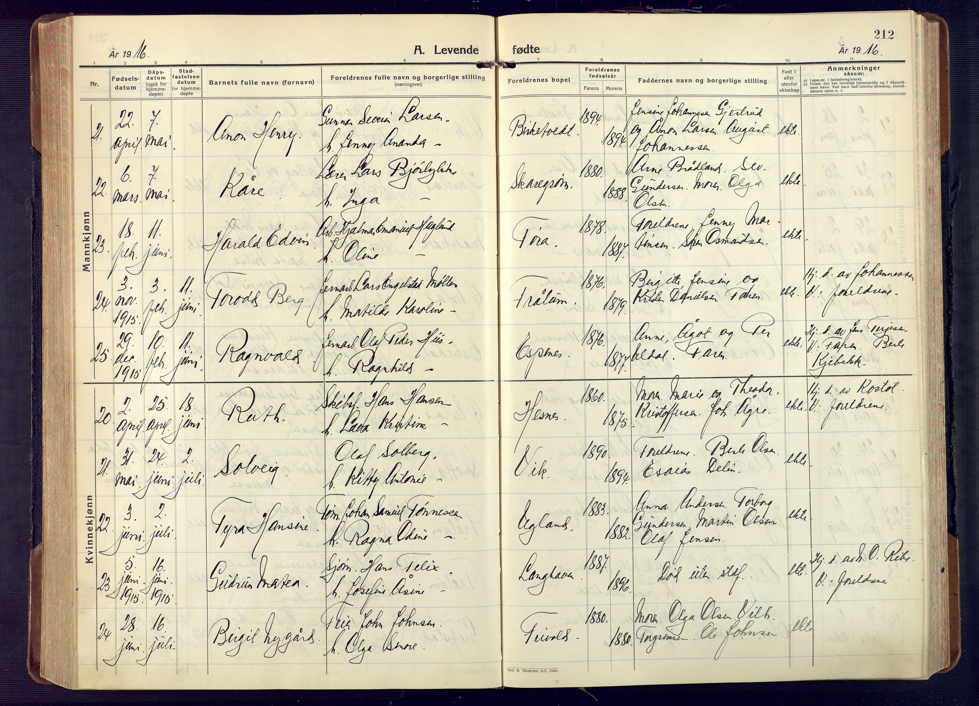 Fjære sokneprestkontor, AV/SAK-1111-0011/F/Fa/L0004: Parish register (official) no. A 4, 1902-1925, p. 212